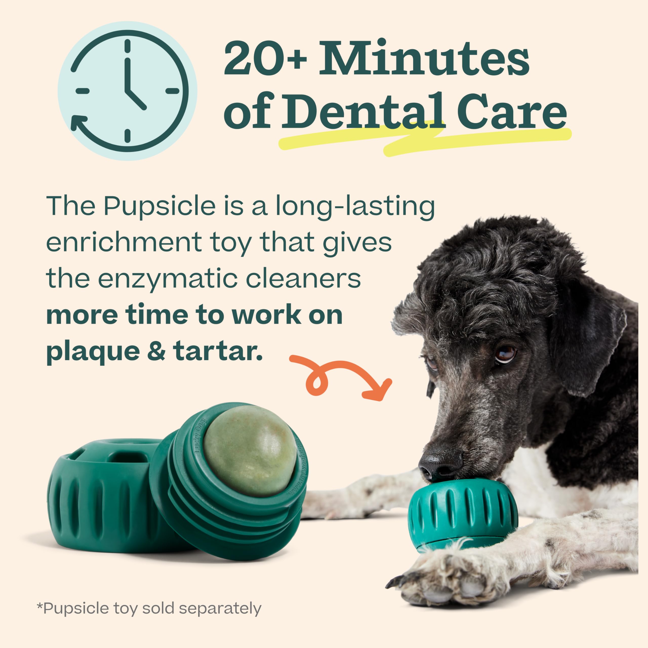 Woof Doggy Dental Pupsicle Dog Lick Session shows over 20 minutes of canine friendly cleaning action.