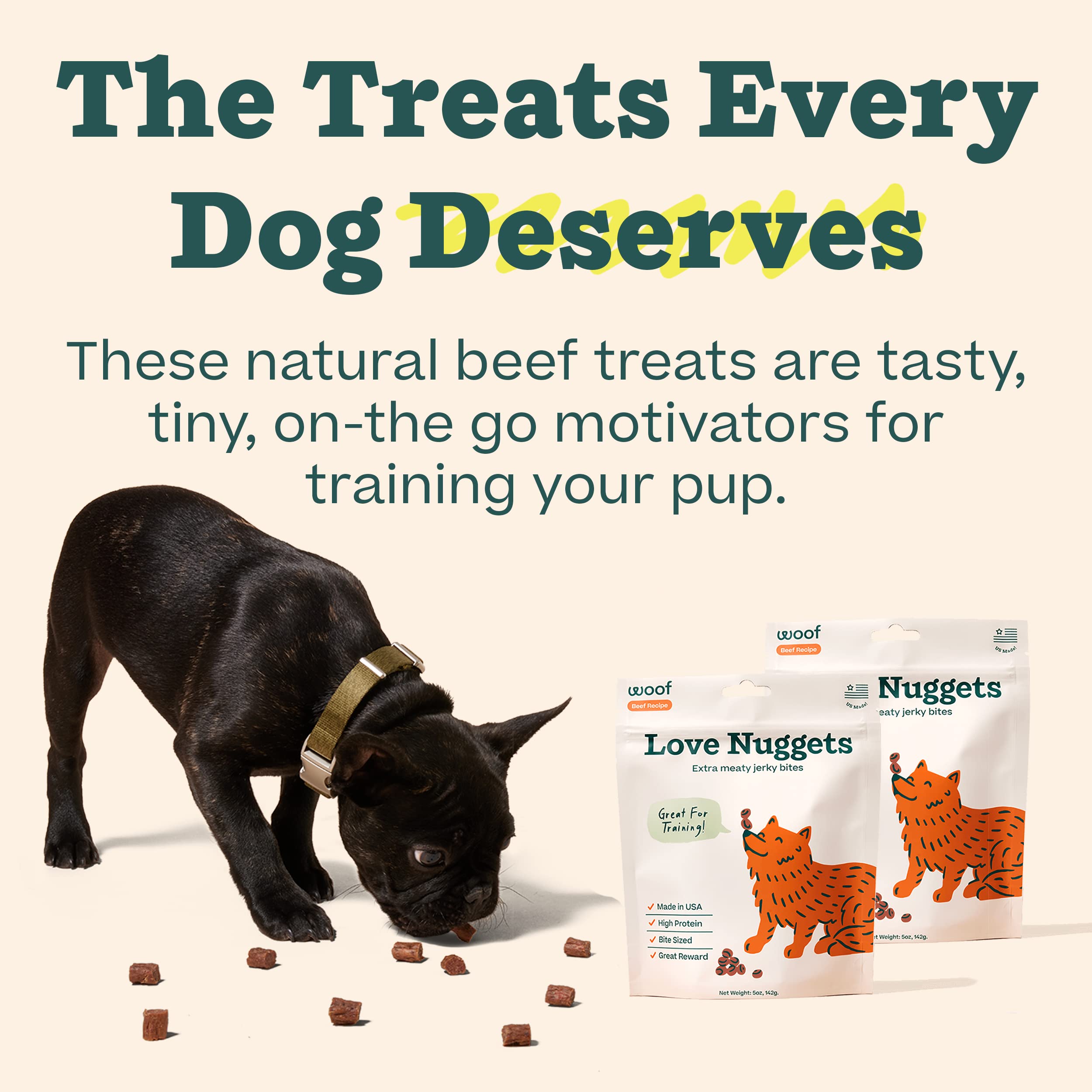 Love Nuggets WOOF format petit, parfait pour des friandises en déplacement.