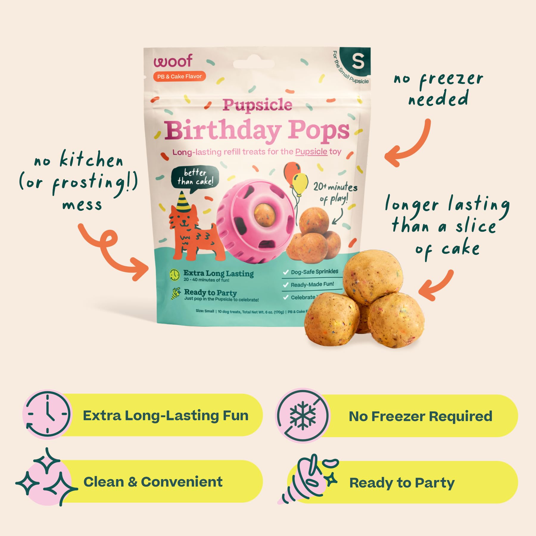 A dog enjoys a cake-flavored Birthday Pop for a long-lasting treat session.
