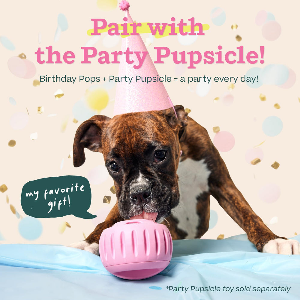 WOOF Pupsicle Birthday Pops shown with a puzzle toy for interactive play.
