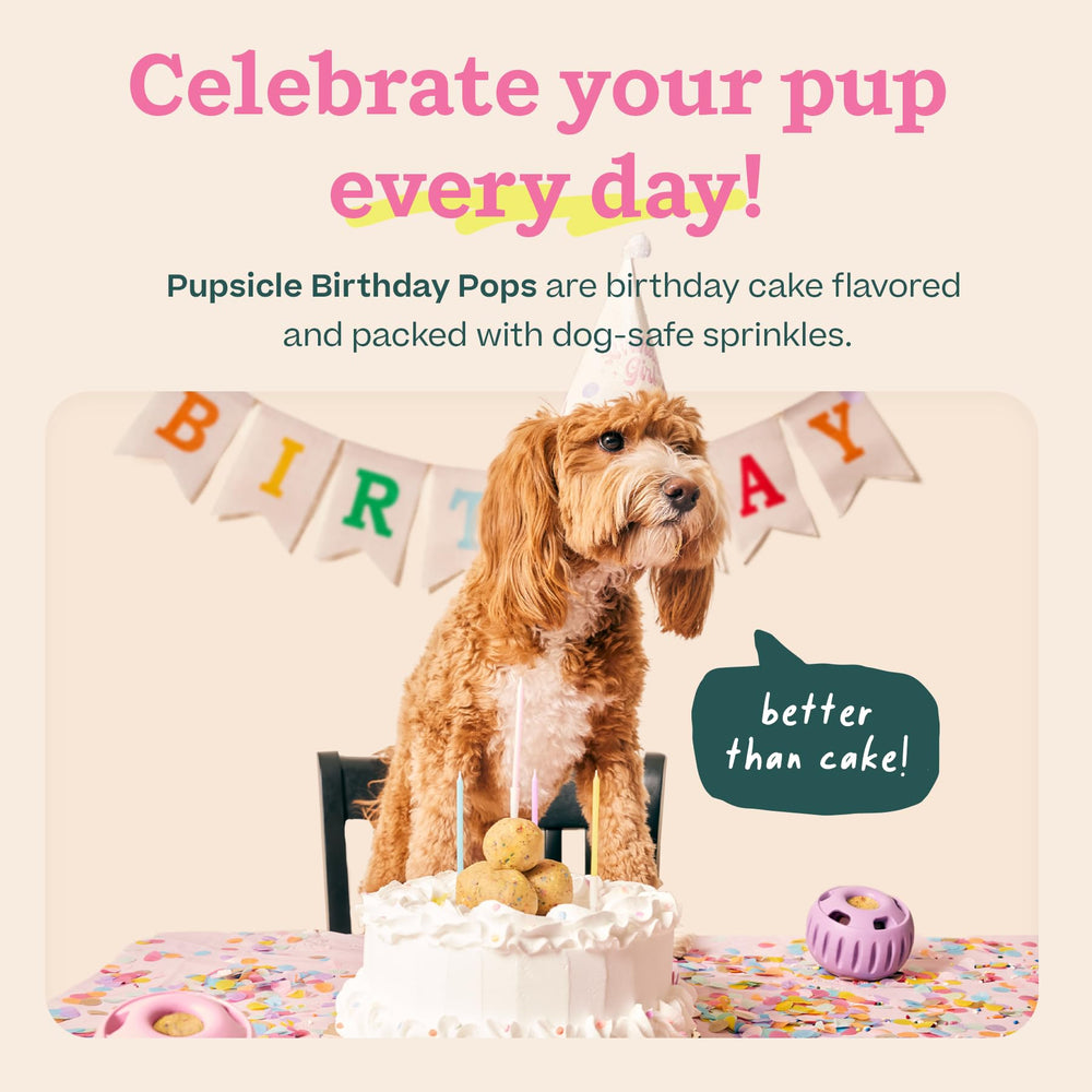 WOOF Pupsicle Birthday Pops refills arrive pre-made for mess-free, on-demand dog enrichment.