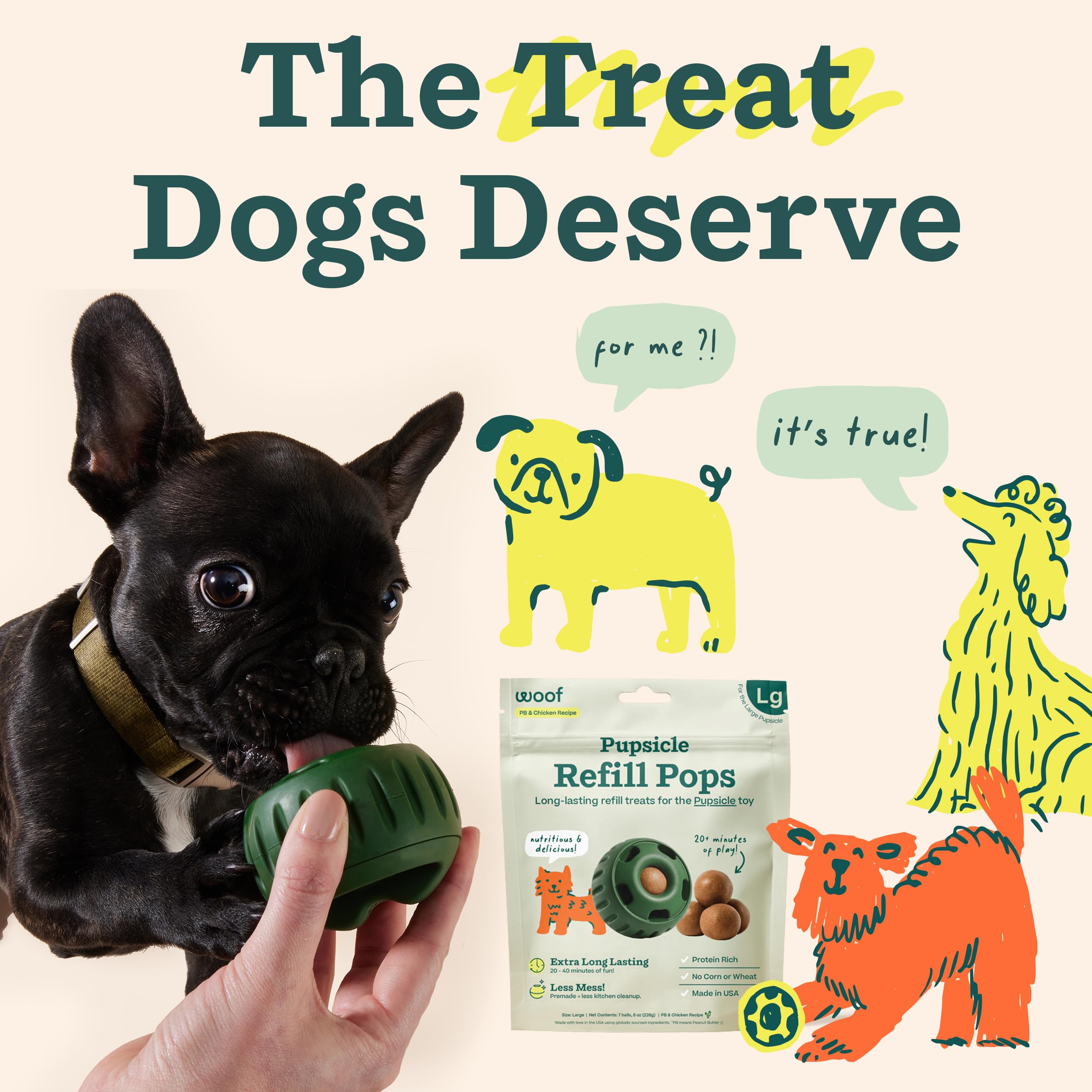 WOOF Pupsicle Chicken Refill Pops ingredients list showing trusted components.