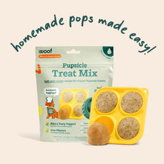 WOOF Pupsicle Mix measuring scoop beside bag helps consistent portions