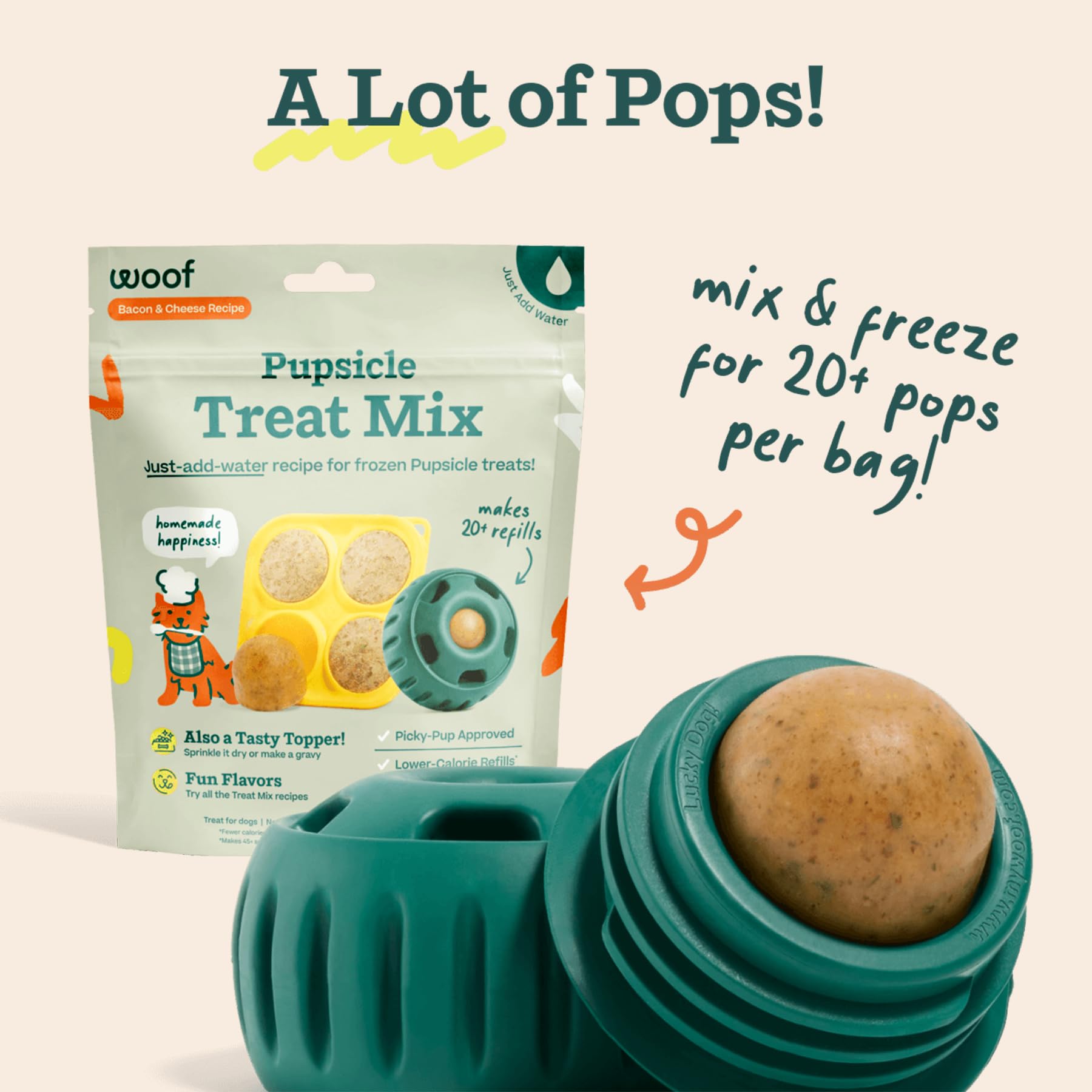 WOOF Pupsicle Mold filled with mix, freeze-ready frozen rewards