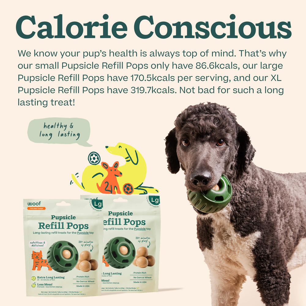 WOOF Pupsicle Refill Pops highlights ingredients like blueberry powder.