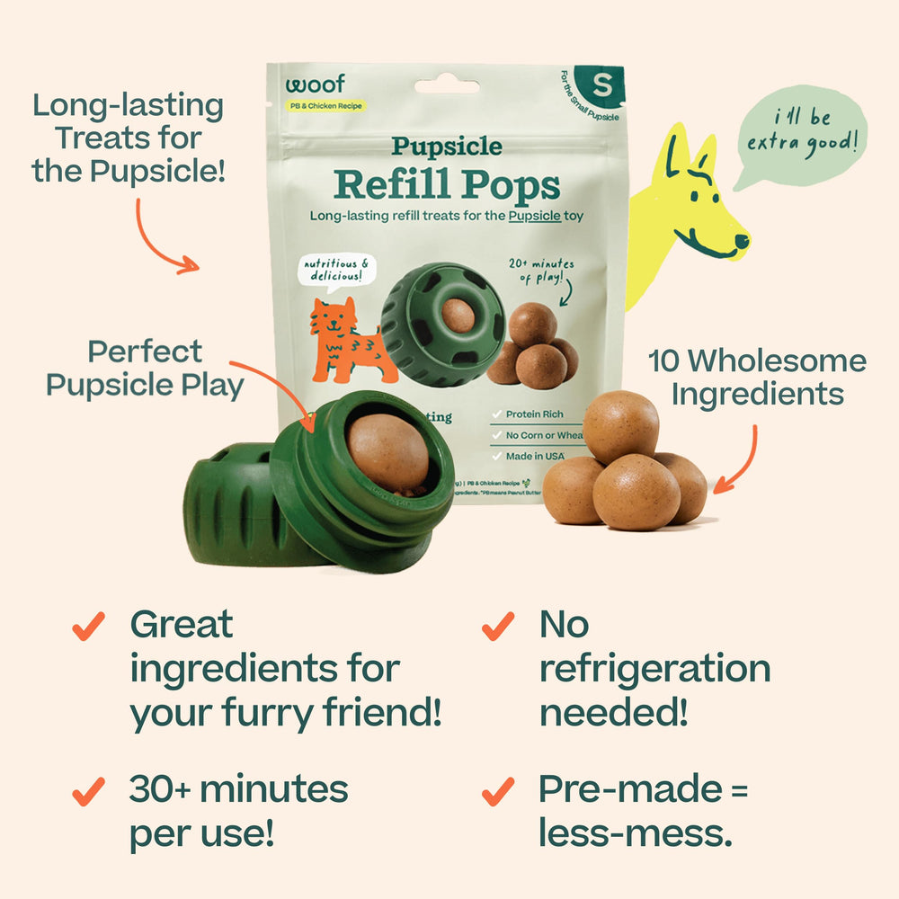 WOOF Pupsicle Refill Pops mess-free design ideal for parks and road trips.