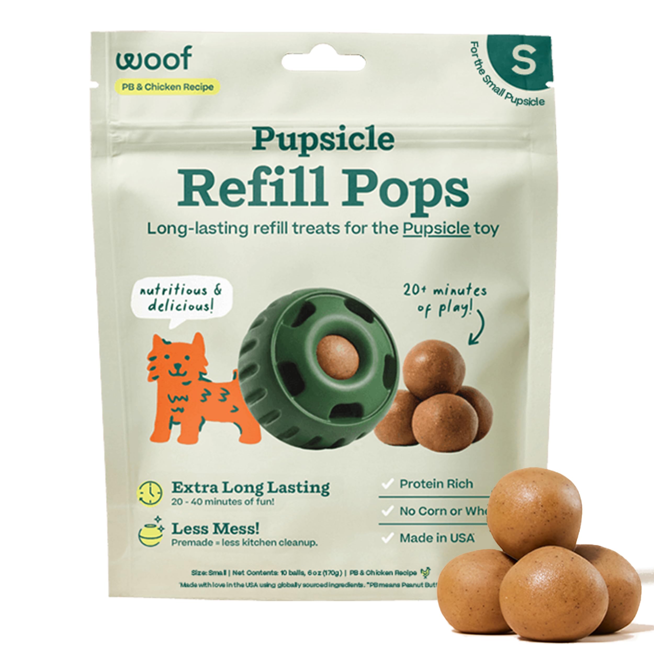 WOOF Pupsicle Refill Pops packaging shows easy, mess-free dog treats.