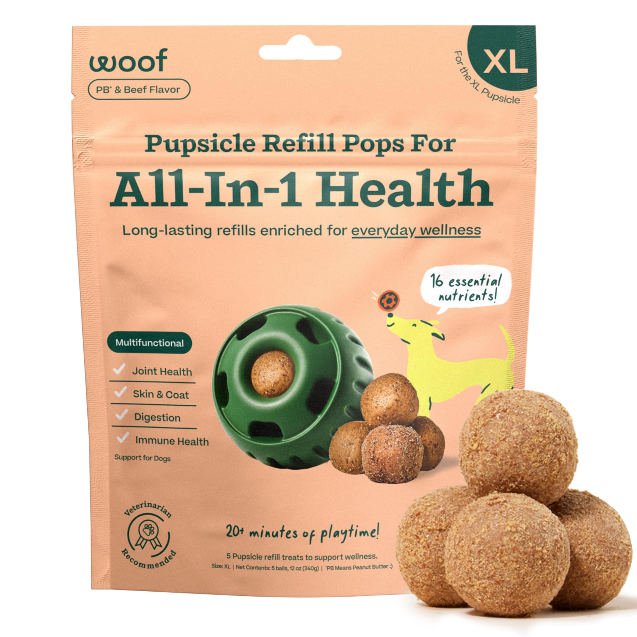 WOOF Pupsicle Refills packaging shows shelf-stable nutrition for dogs