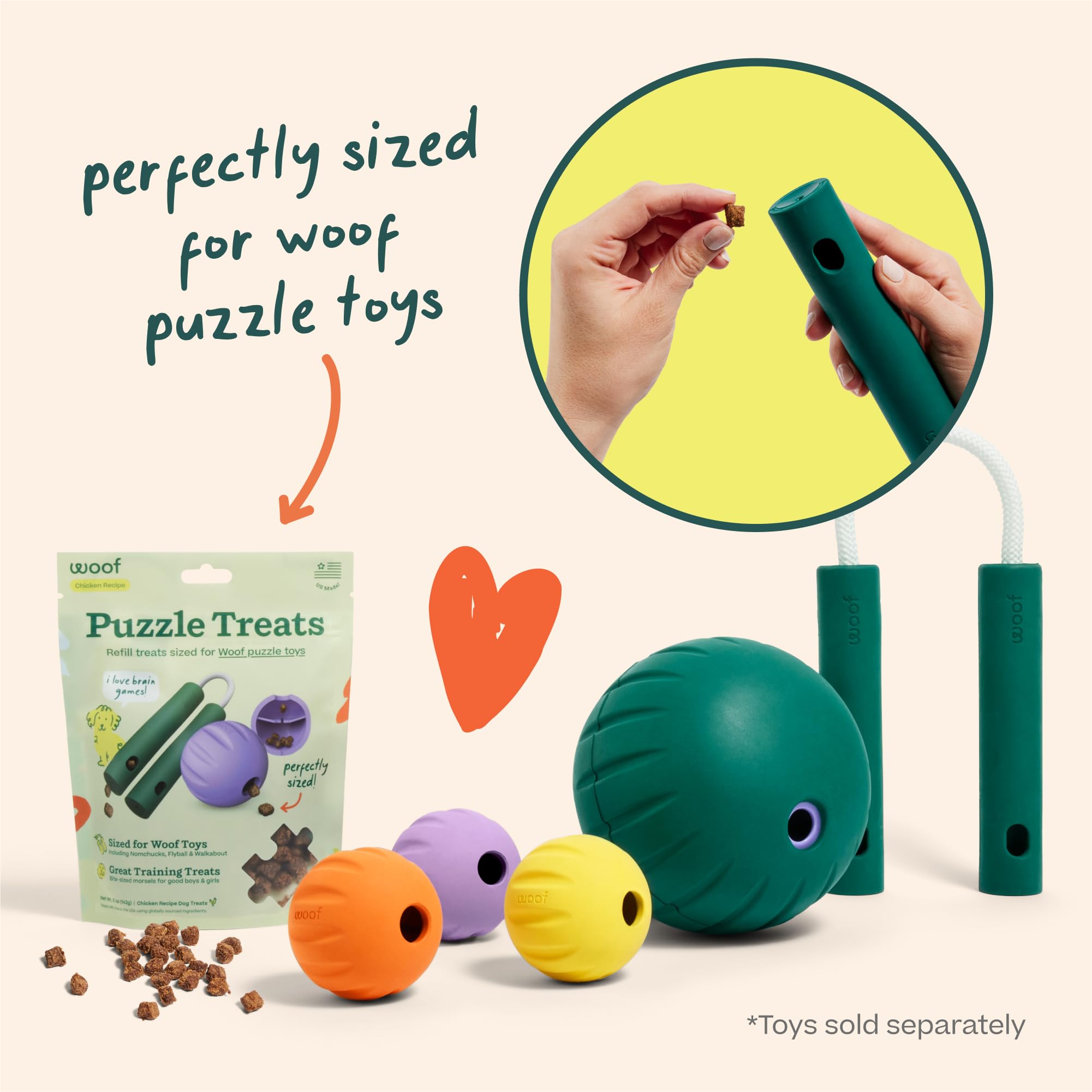 WOOF walkabout-compatible puzzle treats for enrichment