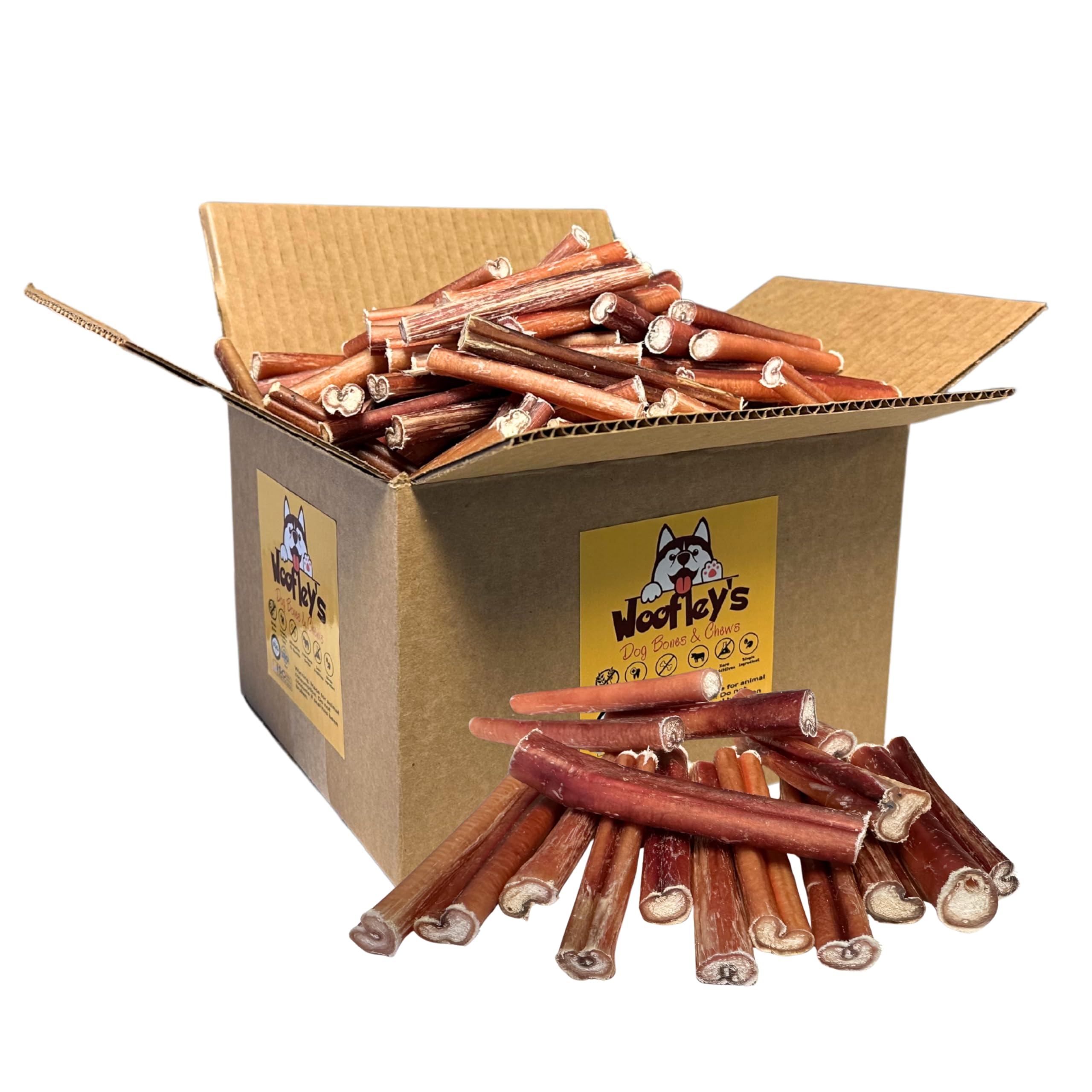Woofley's bulk bully sticks 50-count pack for long-lasting canine entertainment.