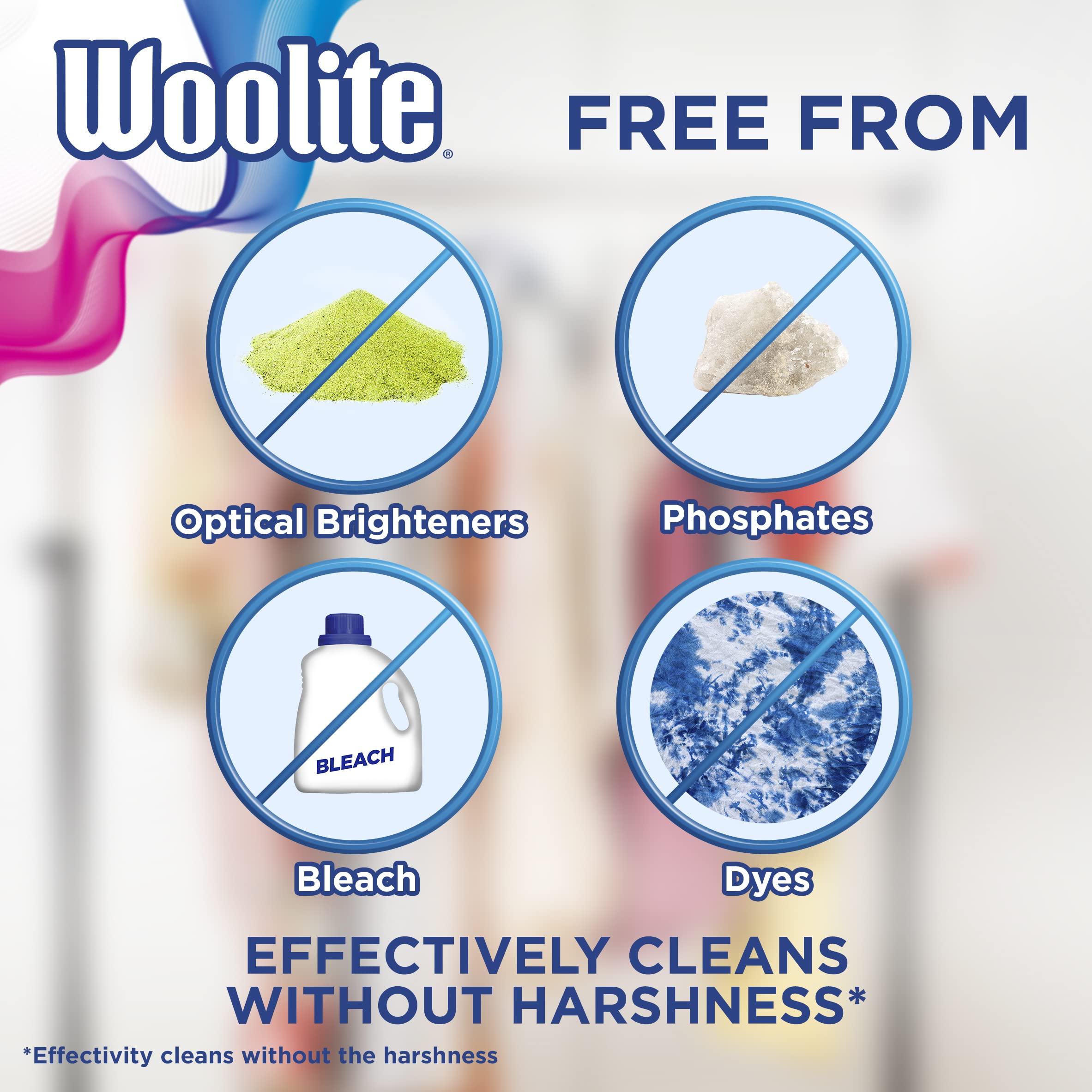 Woolite Damage Defense color-brightness scene illustrates brighter colors over washes