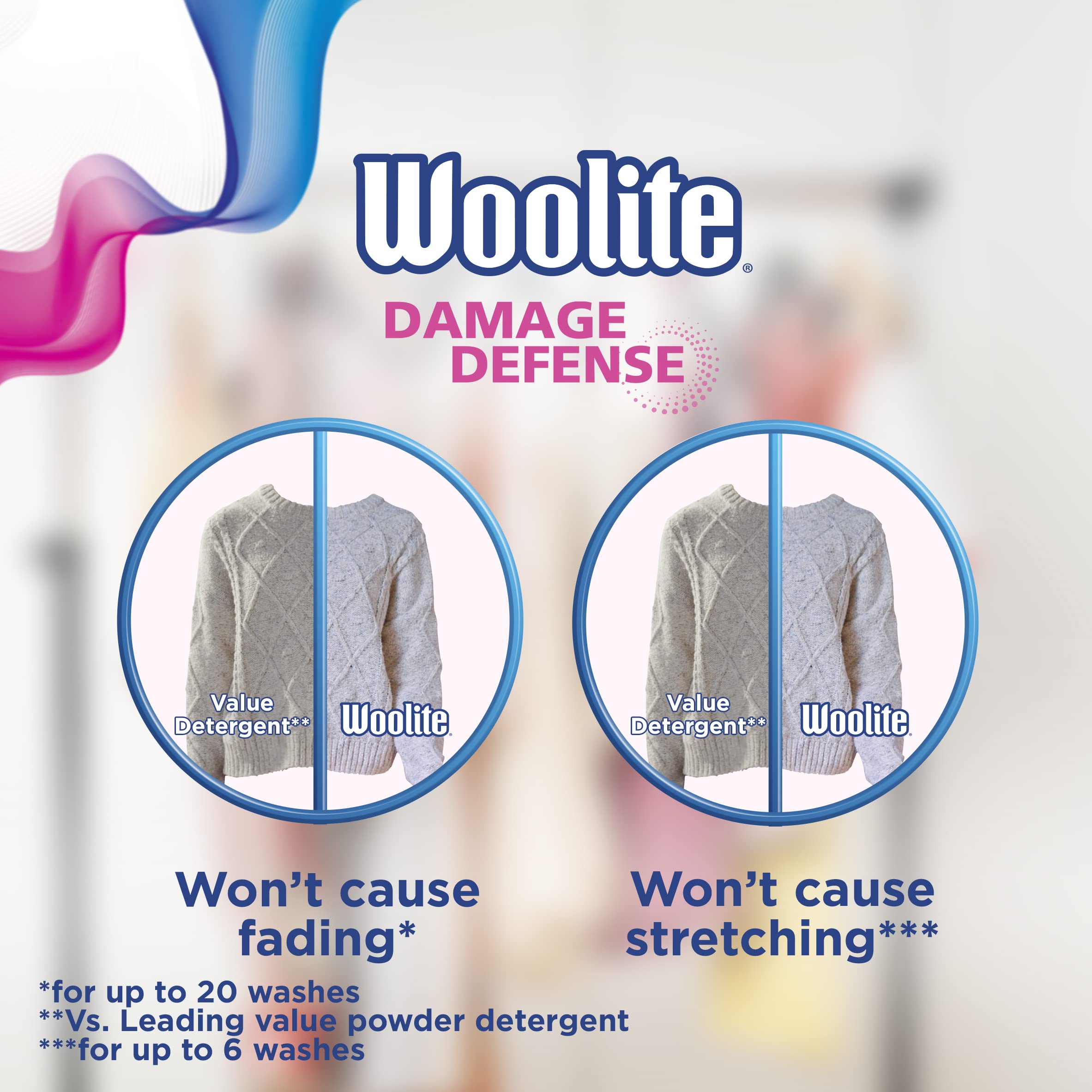 Woolite Damage Defense fabric-care scene emphasizes fabric feel and shape retention
