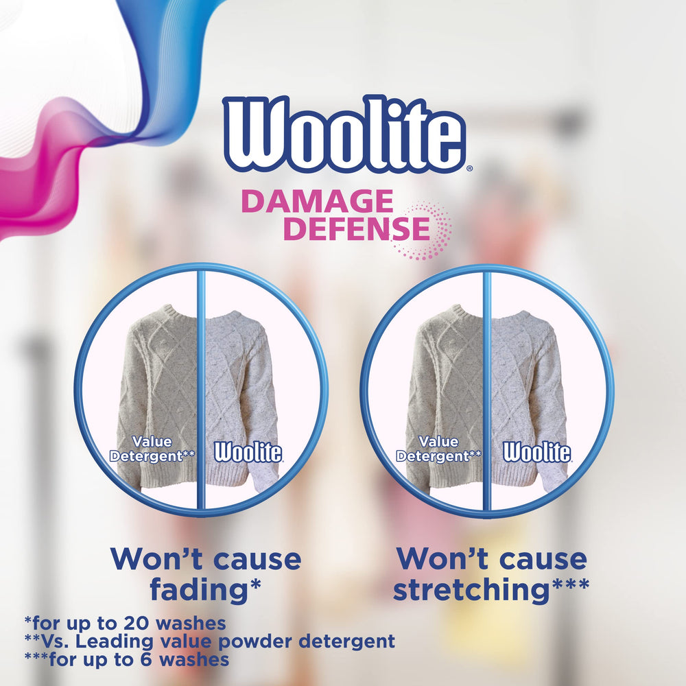 Woolite Damage Defense fabric-care scene emphasizes fabric feel and shape retention