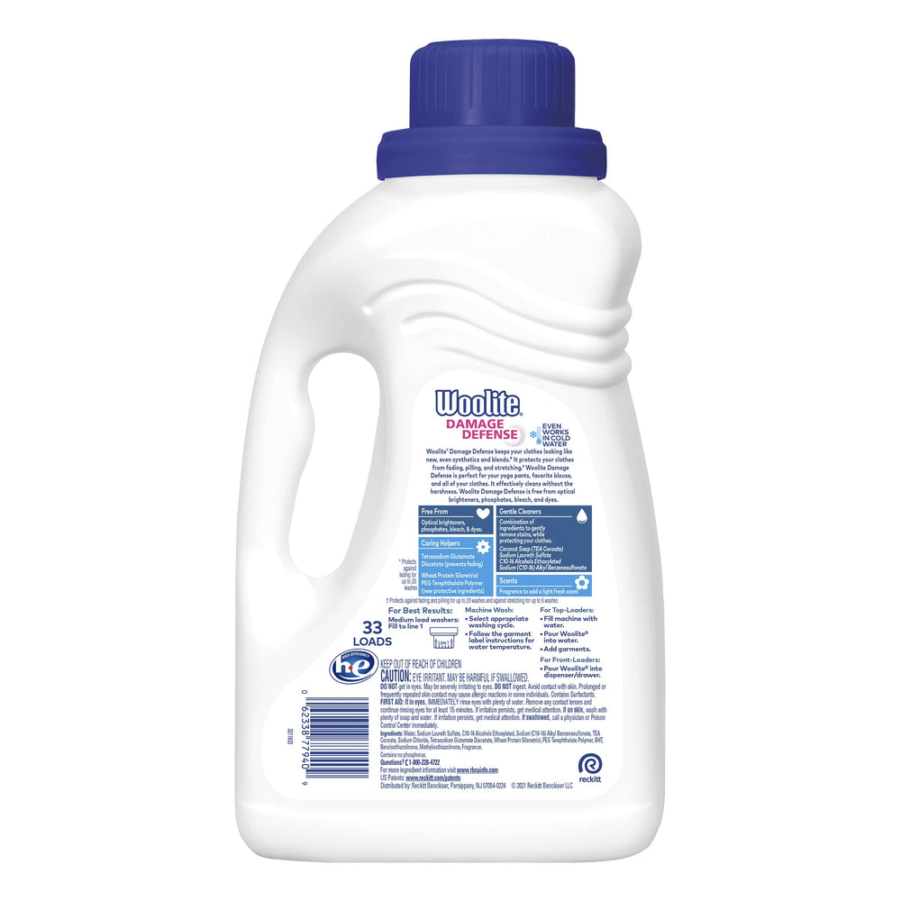 Woolite Damage Defense label closeup highlights color protection and longevity
