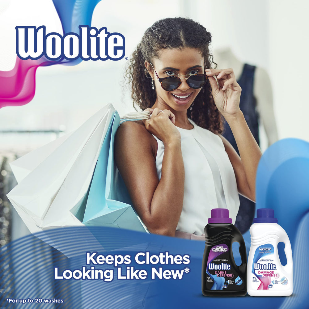 Woolite Damage Defense packaging front view communicates 50 oz of protection