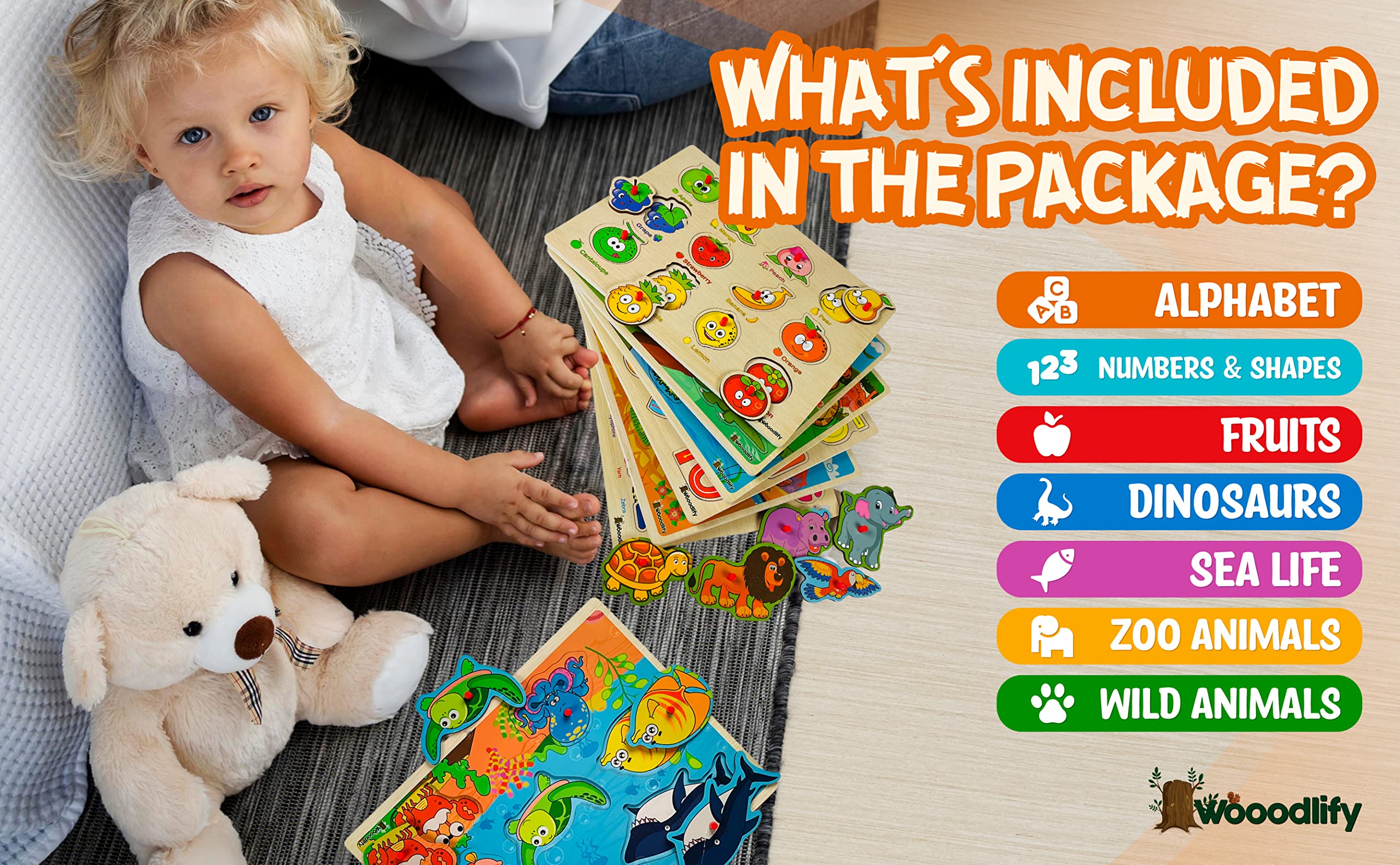 WOOODLIFY zoo animals puzzle supports animal names and pretend play.