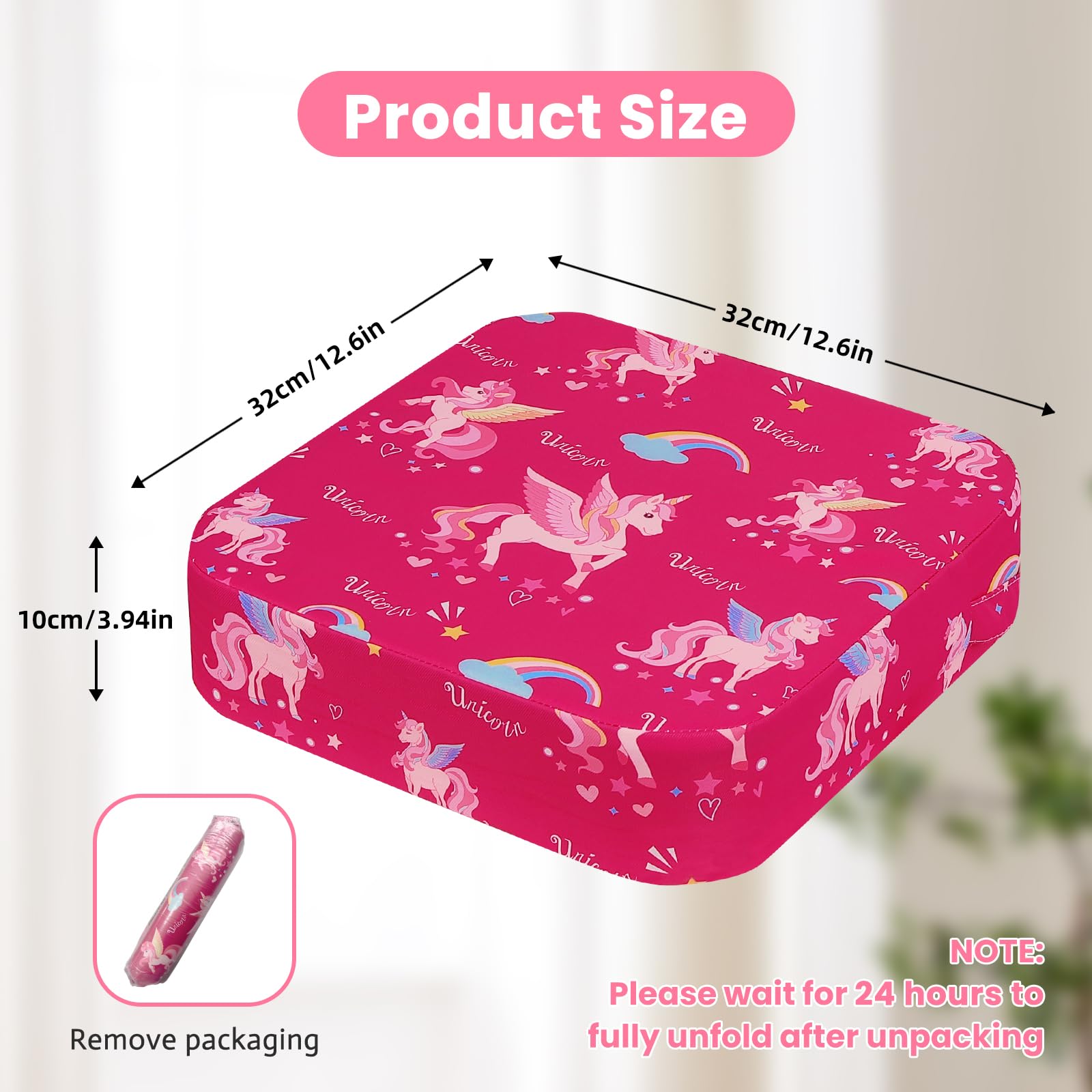 wooshwa Unicorn booster seat in-use image shows child at dining height.