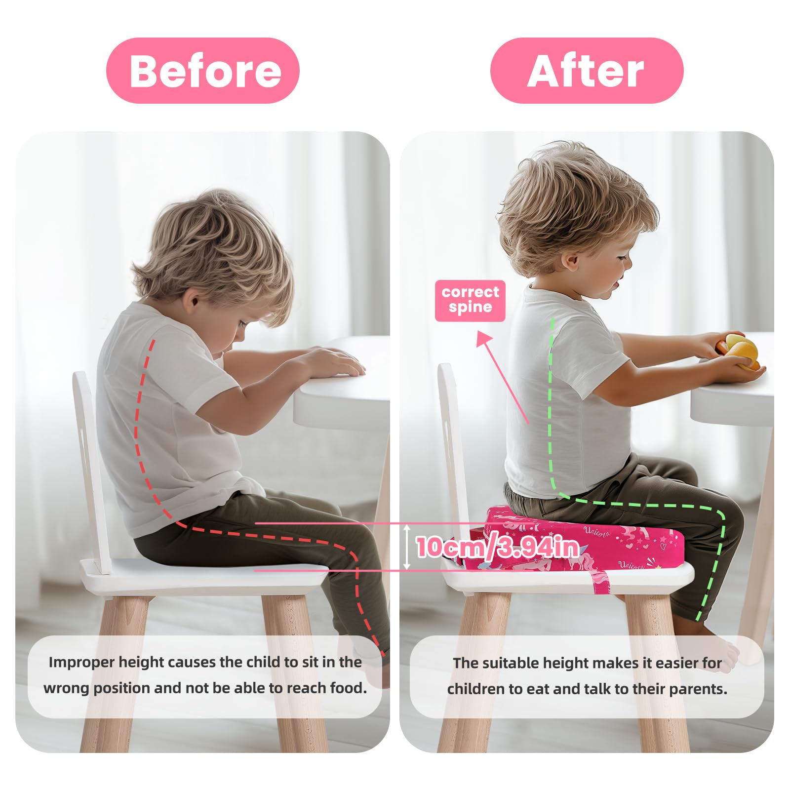 wooshwa Unicorn booster seat side view highlights support and portability.