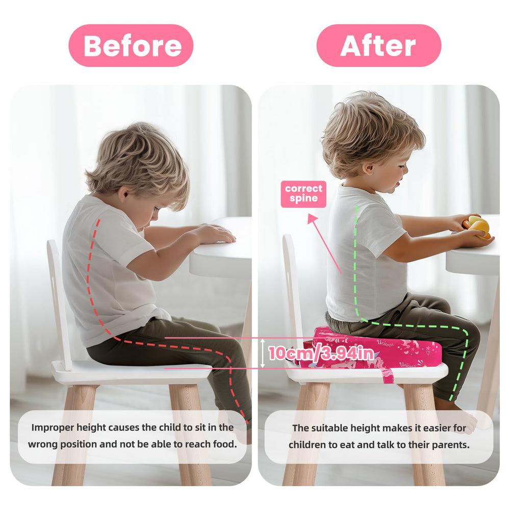 wooshwa Unicorn booster seat side view highlights support and portability.
