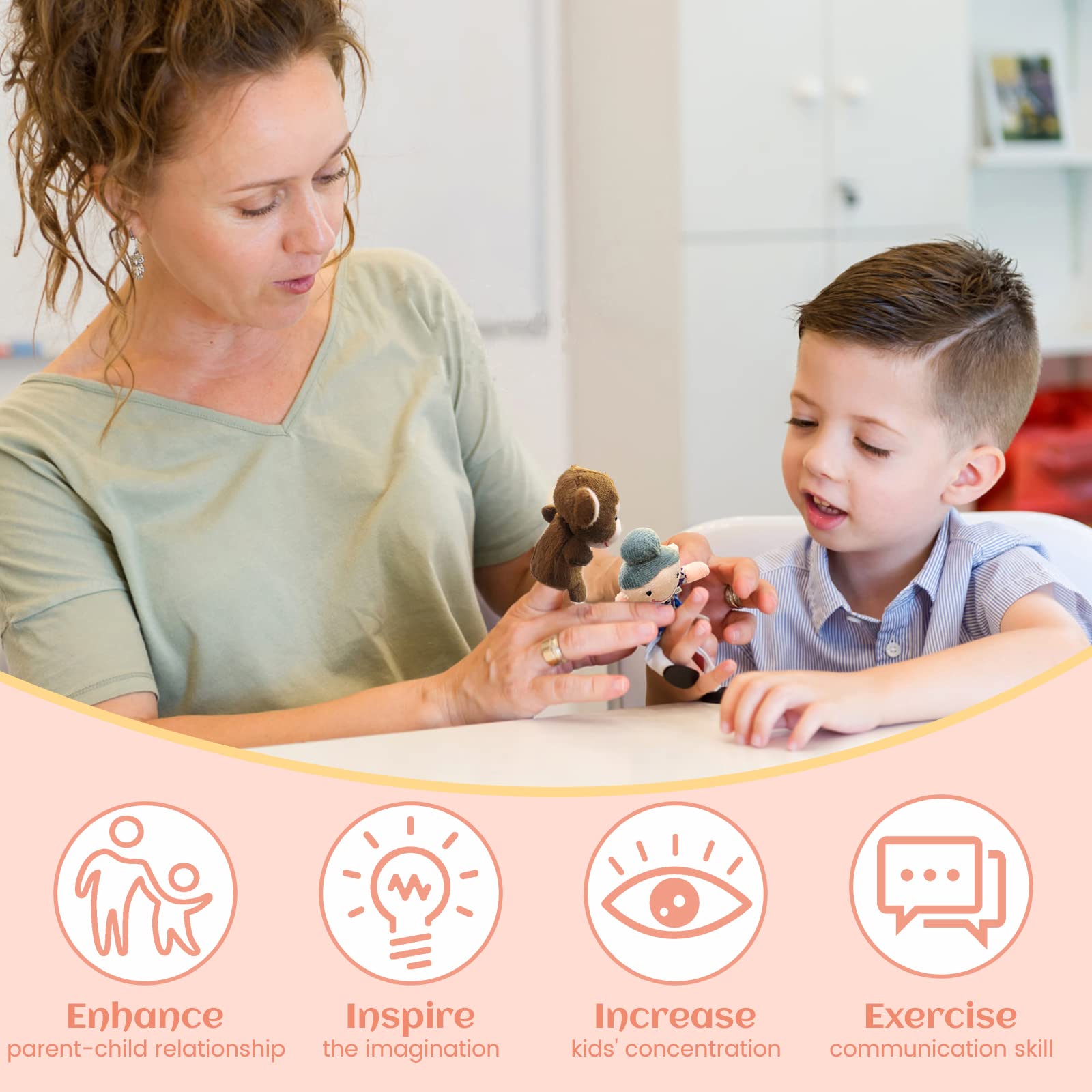 Woozettn animal and human characters puppets support interactive reading and role-play.