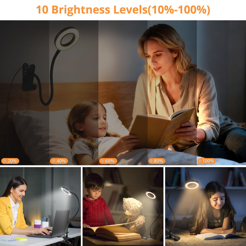 Woputne clip light flexible neck bends to any angle.