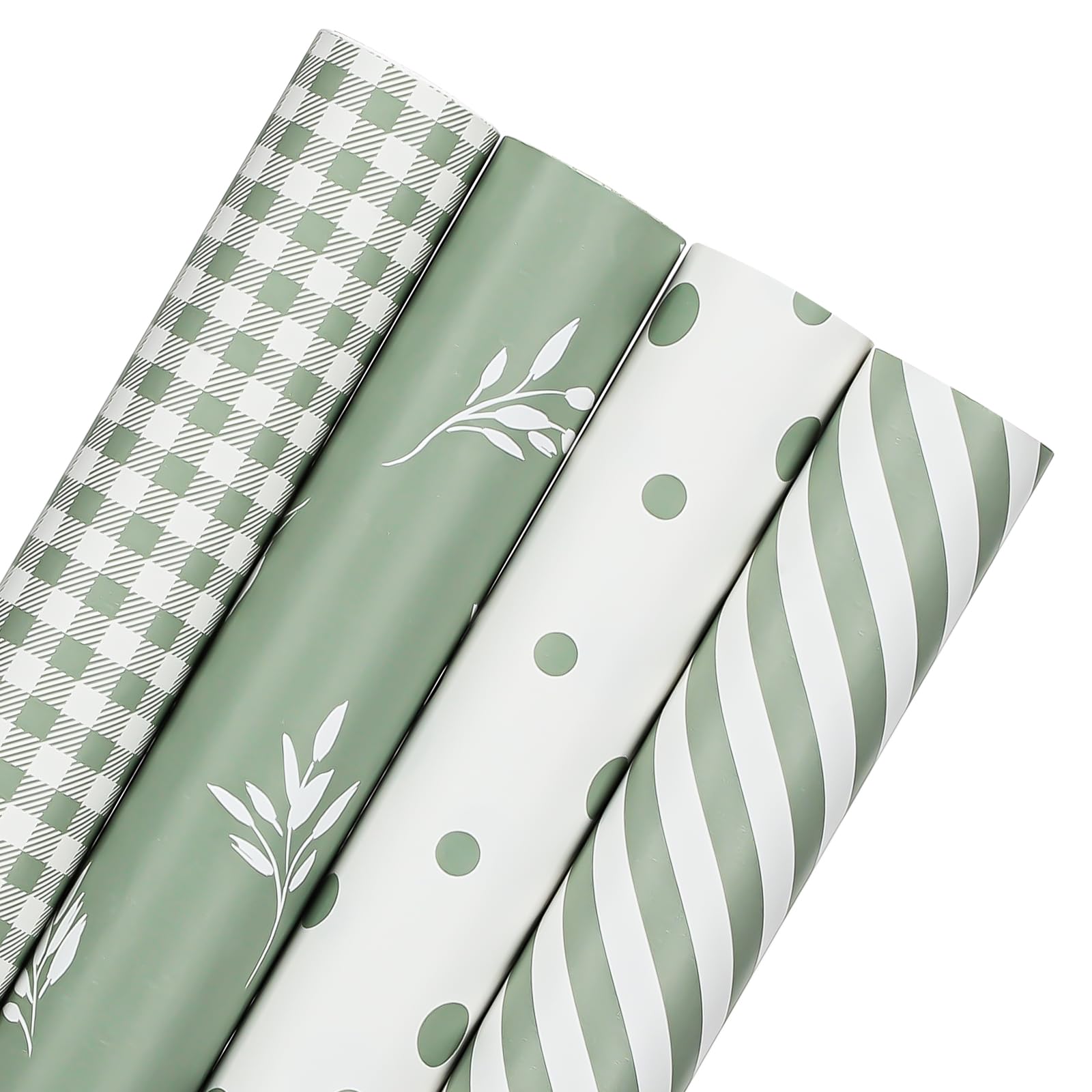 woric Sage Green wrapping paper with stripe, dot, and leaf design for elegant gift wrapping