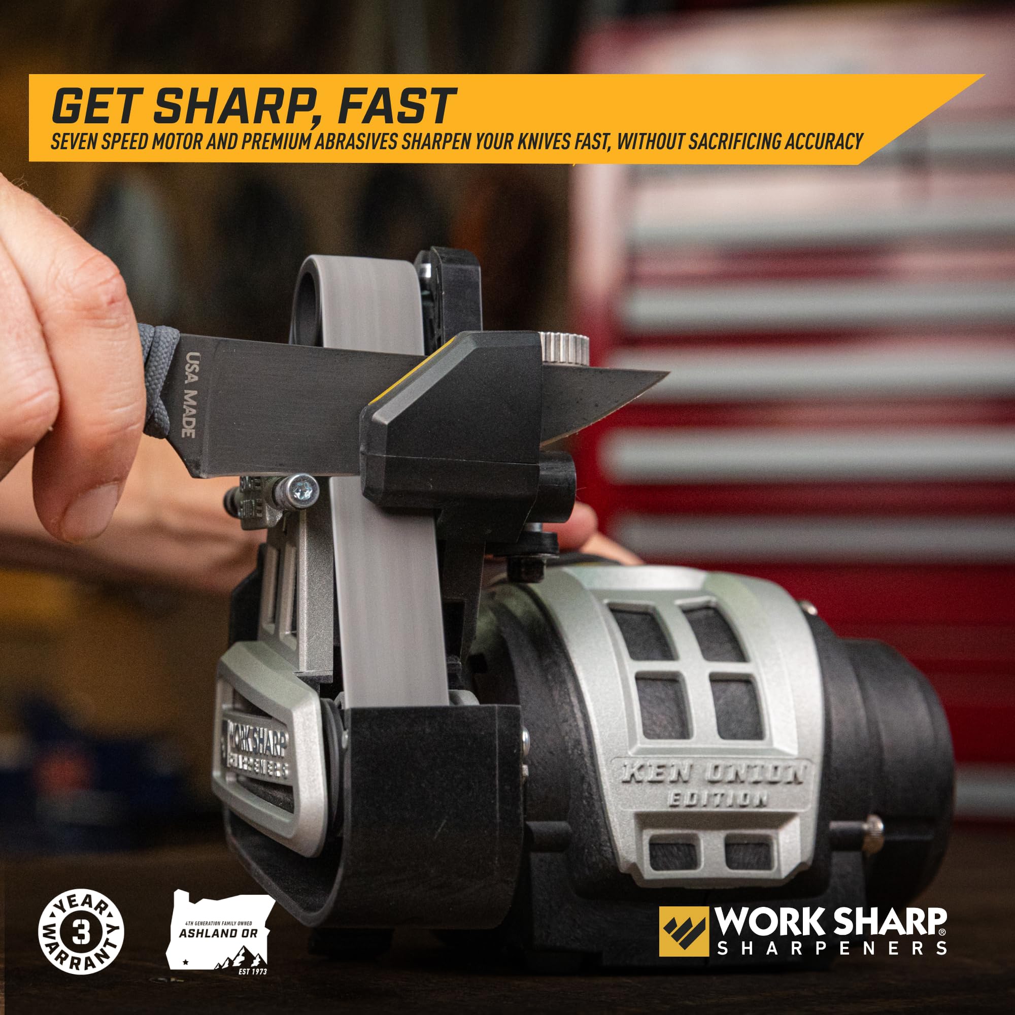 WORK SHARP Ken Onion in Ashland Oregon design highlighting domestic production and quality