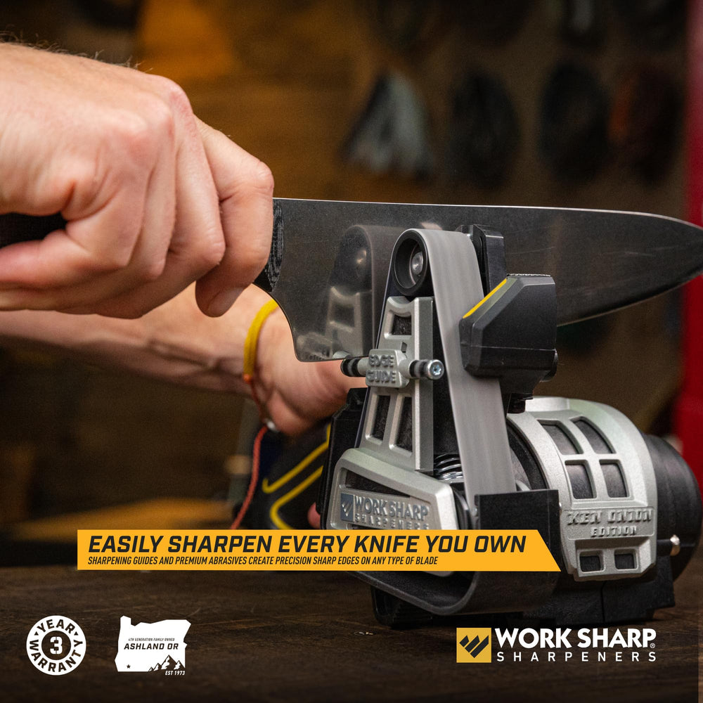 WORK SHARP Ken Onion knife sharpener belt system in action for quick edge refreshment