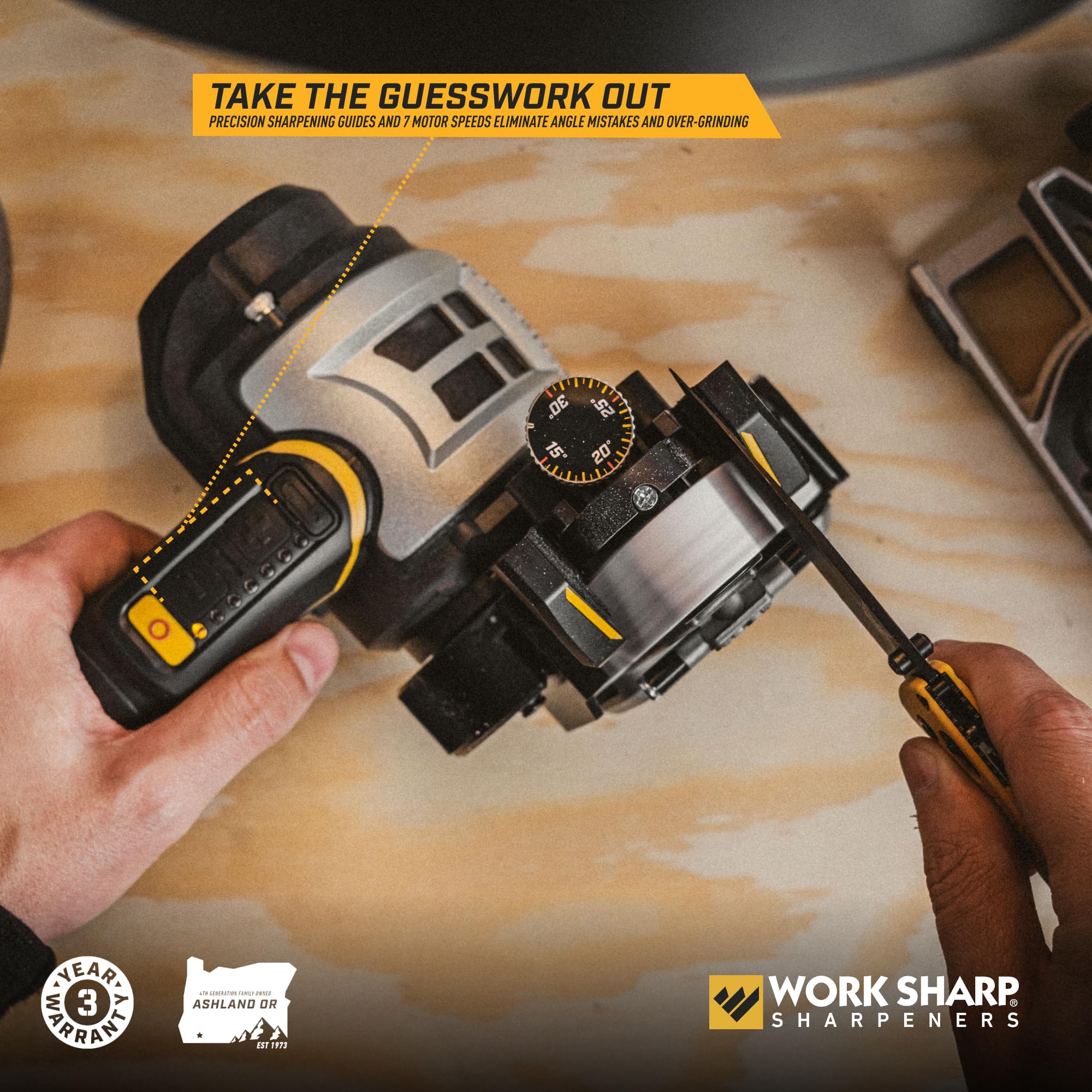 WORK SHARP Ken Onion knife sharpener showing electronic speed control for consistent sharpening