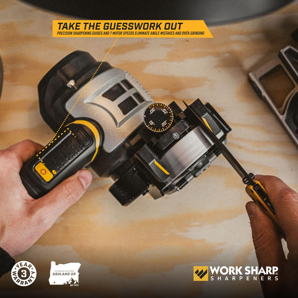 WORK SHARP Ken Onion knife sharpener showing electronic speed control for consistent sharpening