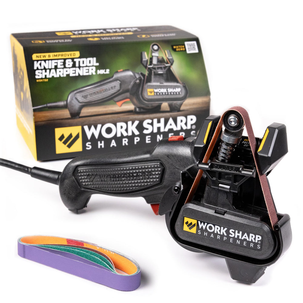 Work Sharp Mk2 knife sharpener on a bench showing precise edge care