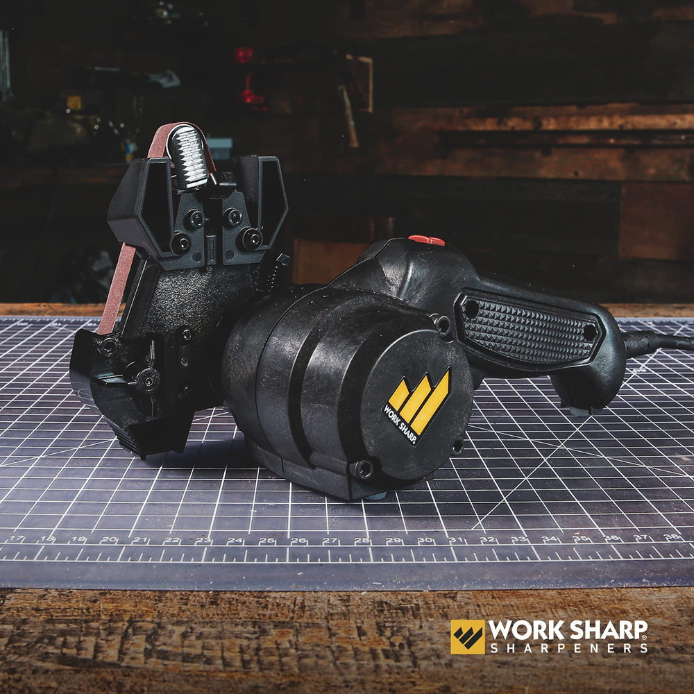 Work Sharp Mk2 tool sharpener in action sharpening rugged tools