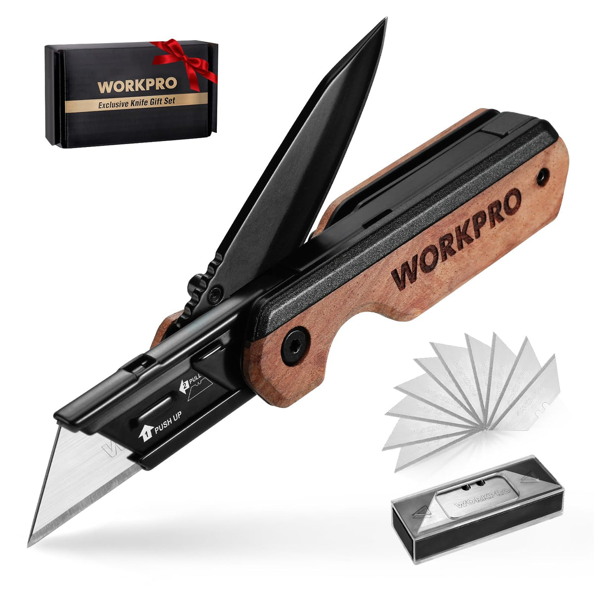 WORKPRO 2-in-1 folding knife with belt clip for quick access.