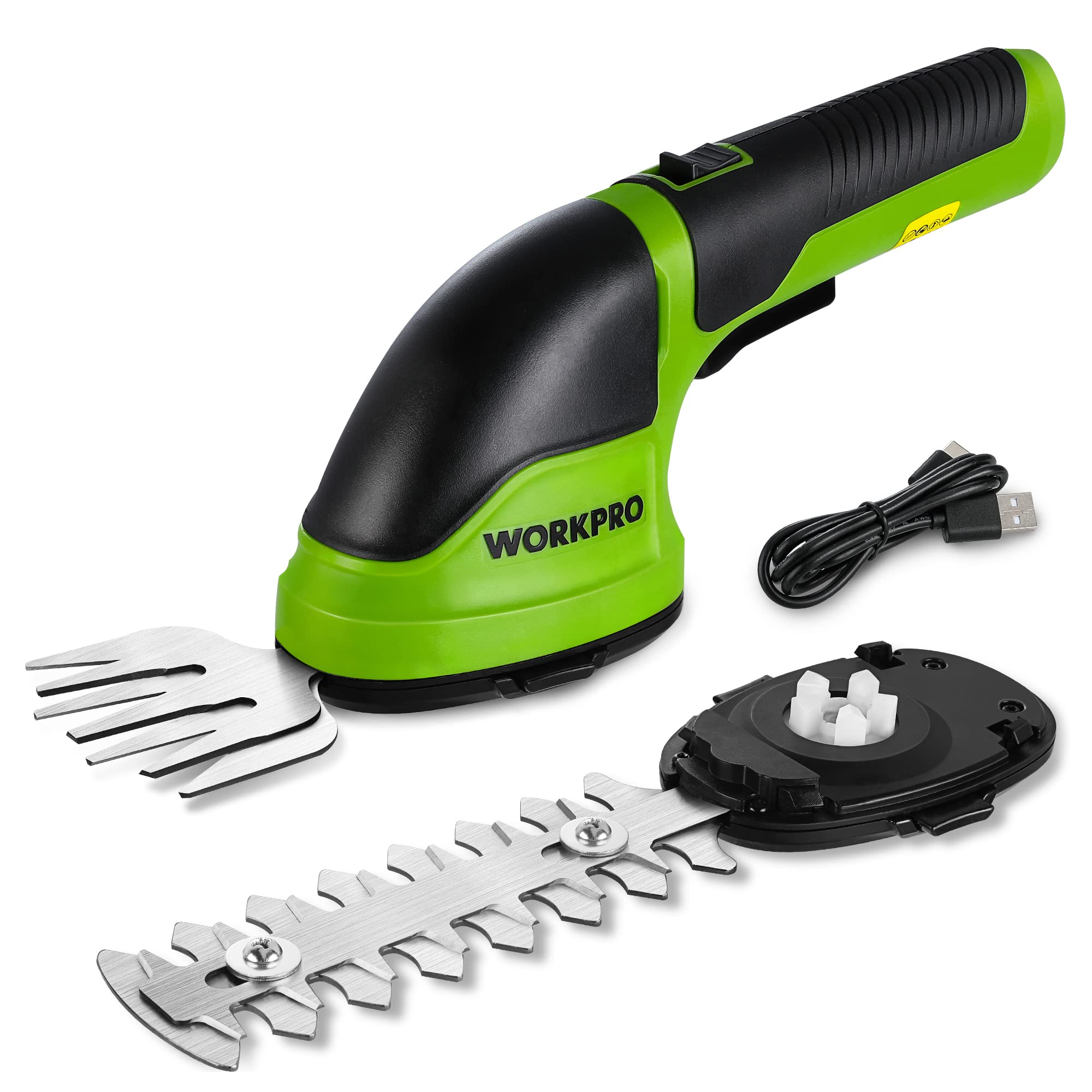 WORKPRO cordless grass shear blade close-up showing crisp trimming potential