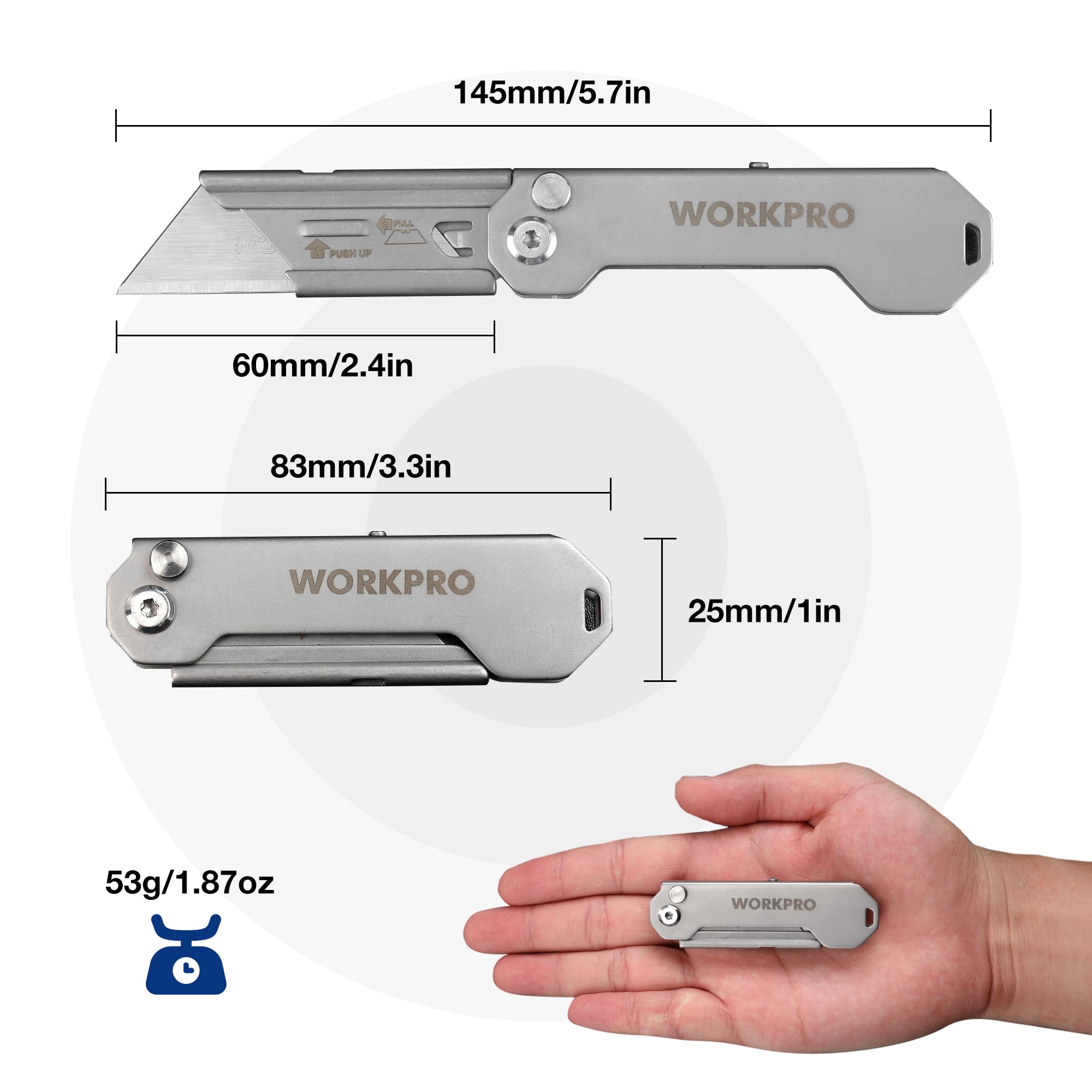WORKPRO EDC axis-lock quick-open feature enables fast blade access with one hand.