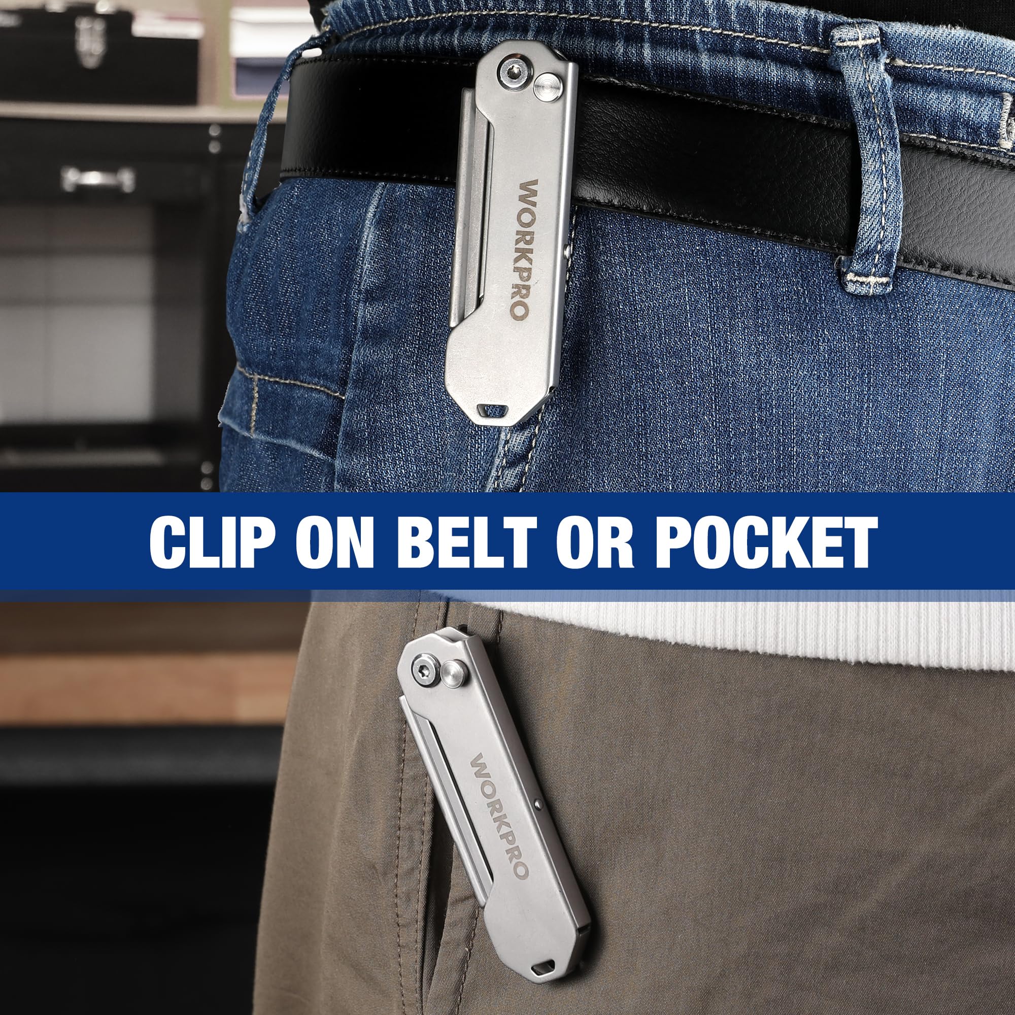 WORKPRO EDC belt clip offers secure, convenient carry during work.