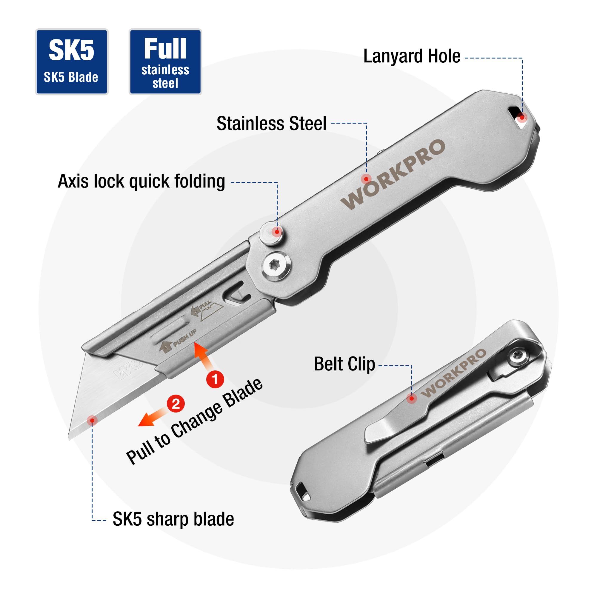WORKPRO EDC blade-change system allows easy swaps with standard utility blades.