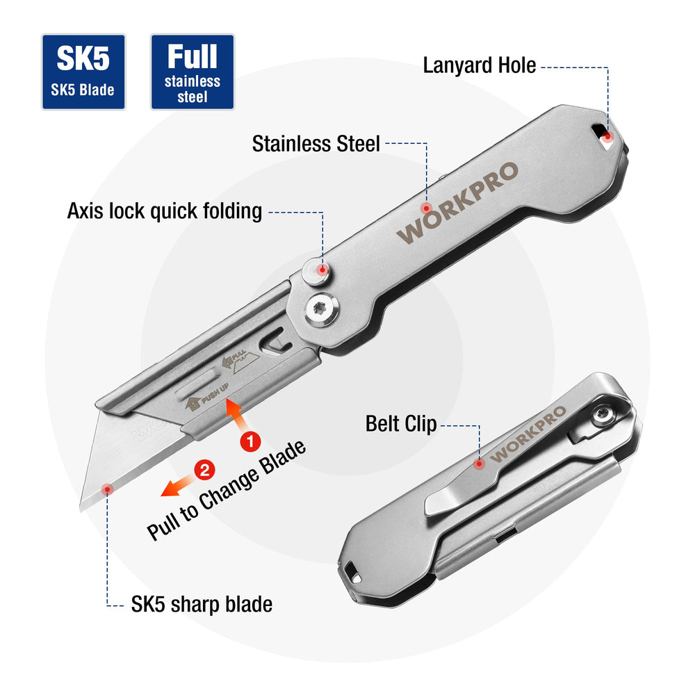 WORKPRO EDC blade-change system allows easy swaps with standard utility blades.