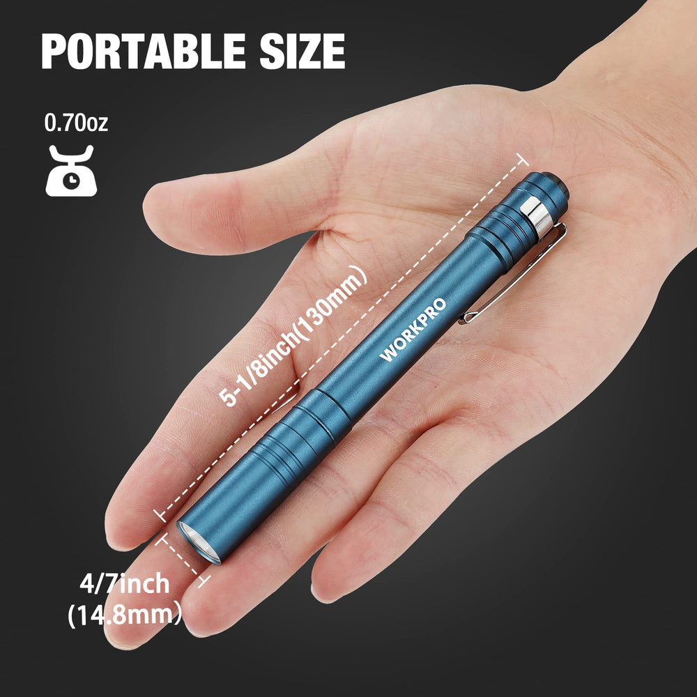 WORKPRO blue LED pen light with clip keeps hands free during tasks.