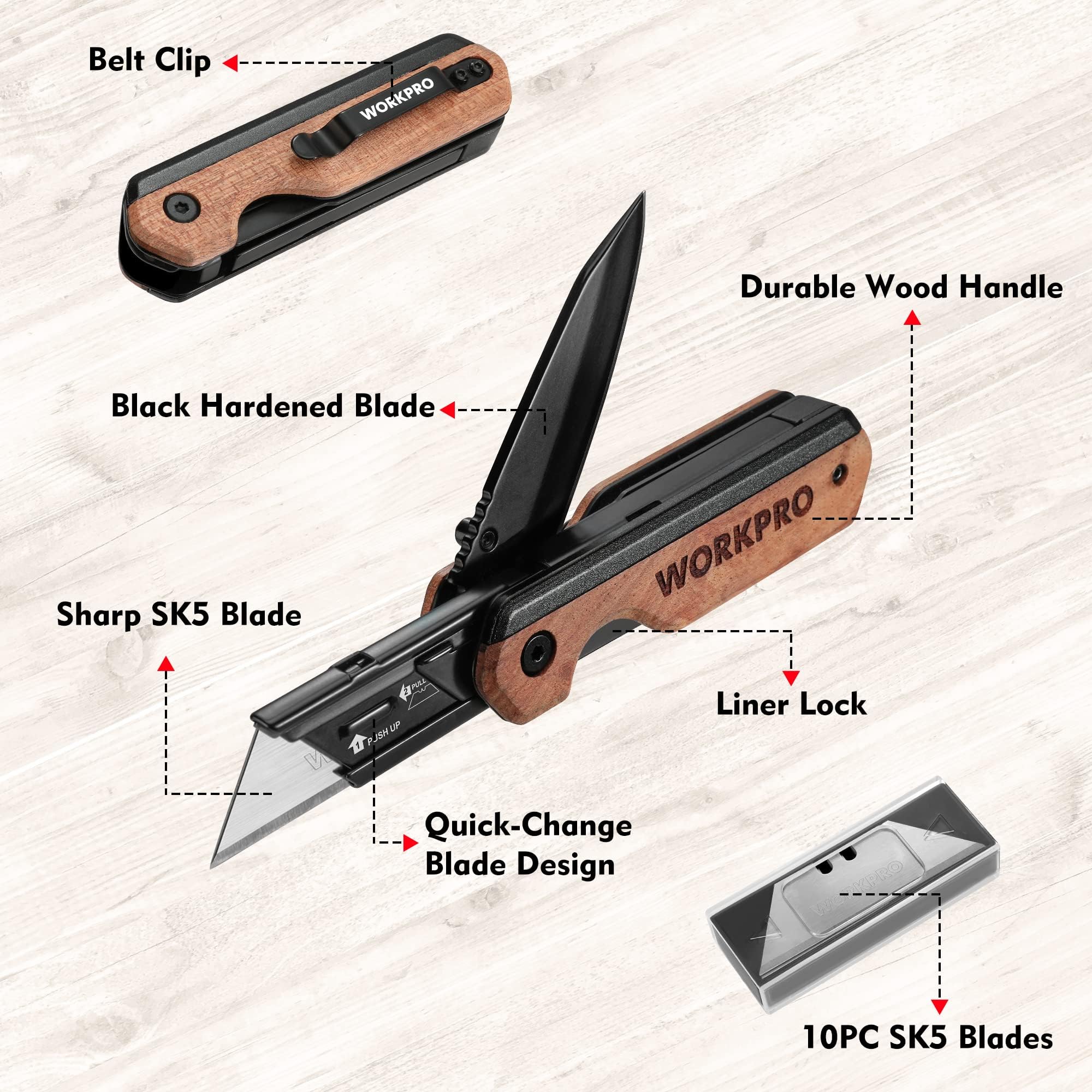 WORKPRO liner lock keeps blade secure during use.