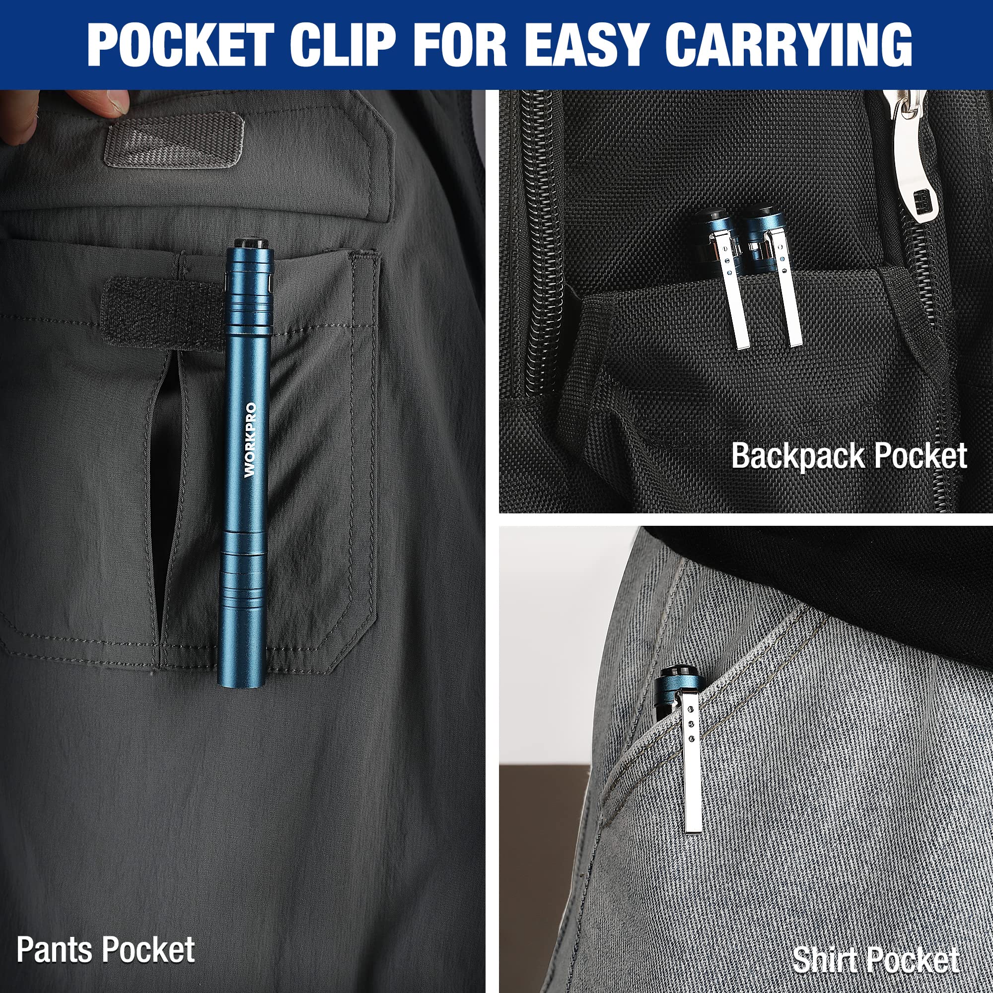 WORKPRO pocket-sized light with clip ideal for pockets or belts.