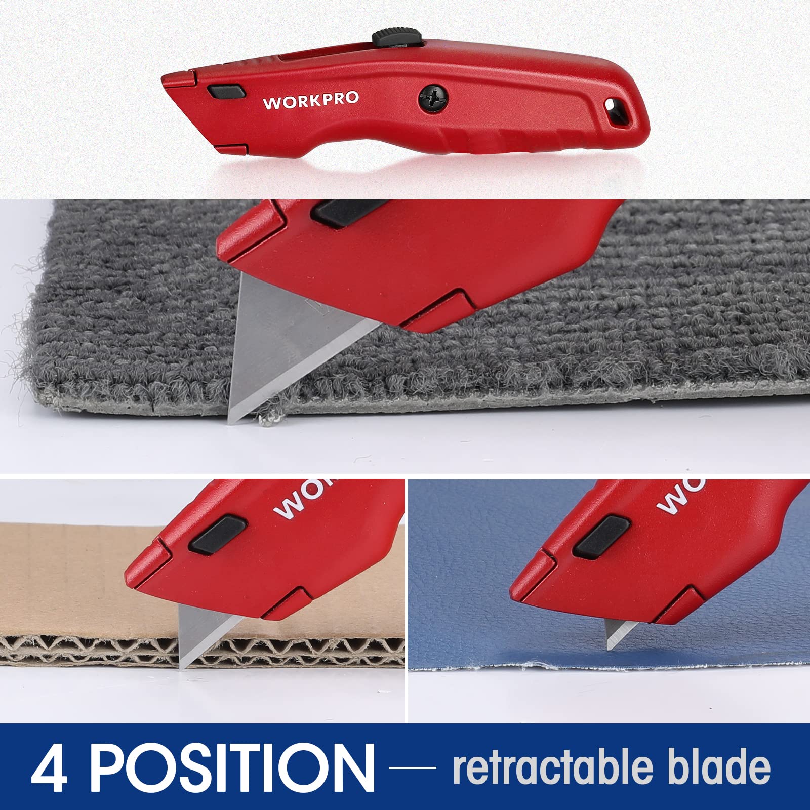 WORKPRO Premium Utility Knife – box-cutting versatility across cardboard, vinyl, leather, and more.