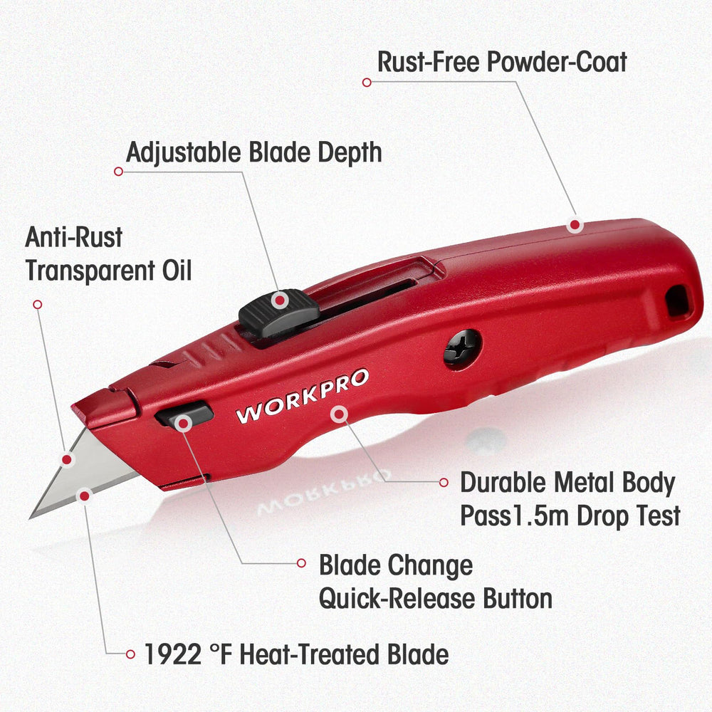 WORKPRO utility knife used on cardboard for clean, straight cuts.