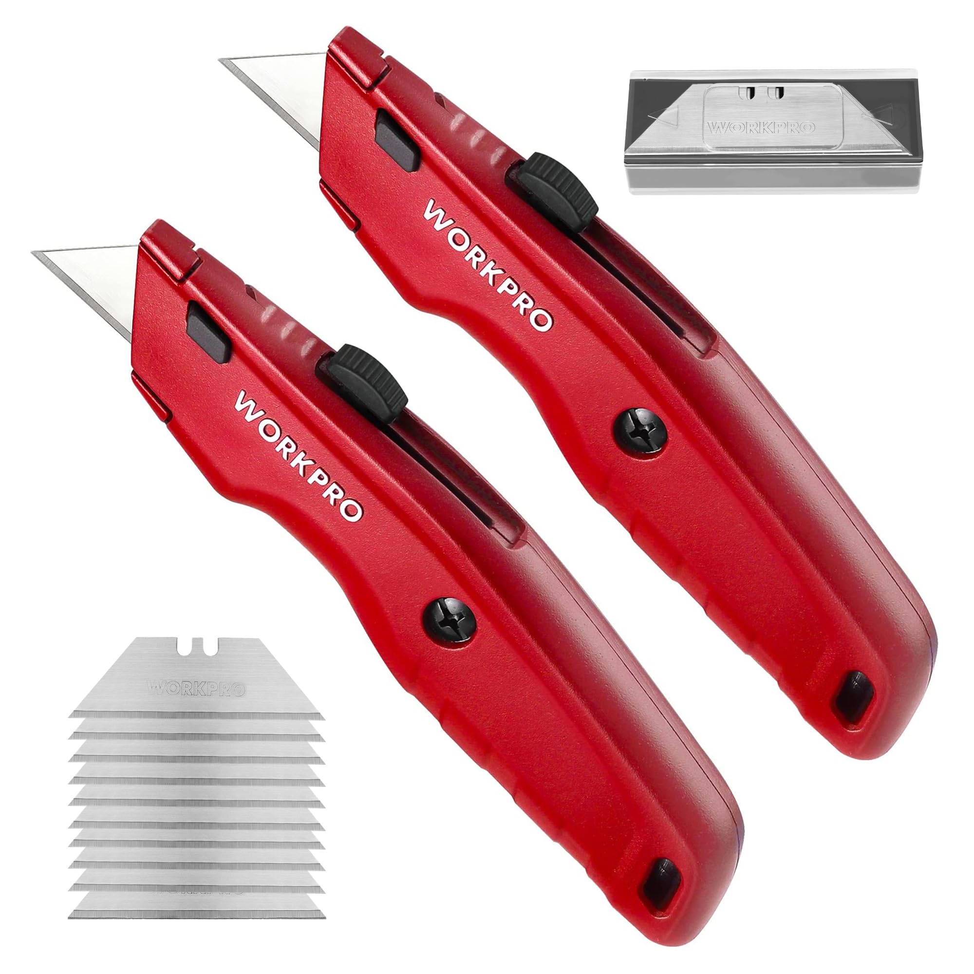 WORKPRO Premium Utility Knife with heavy-metal-body for durable, precise box cutting.