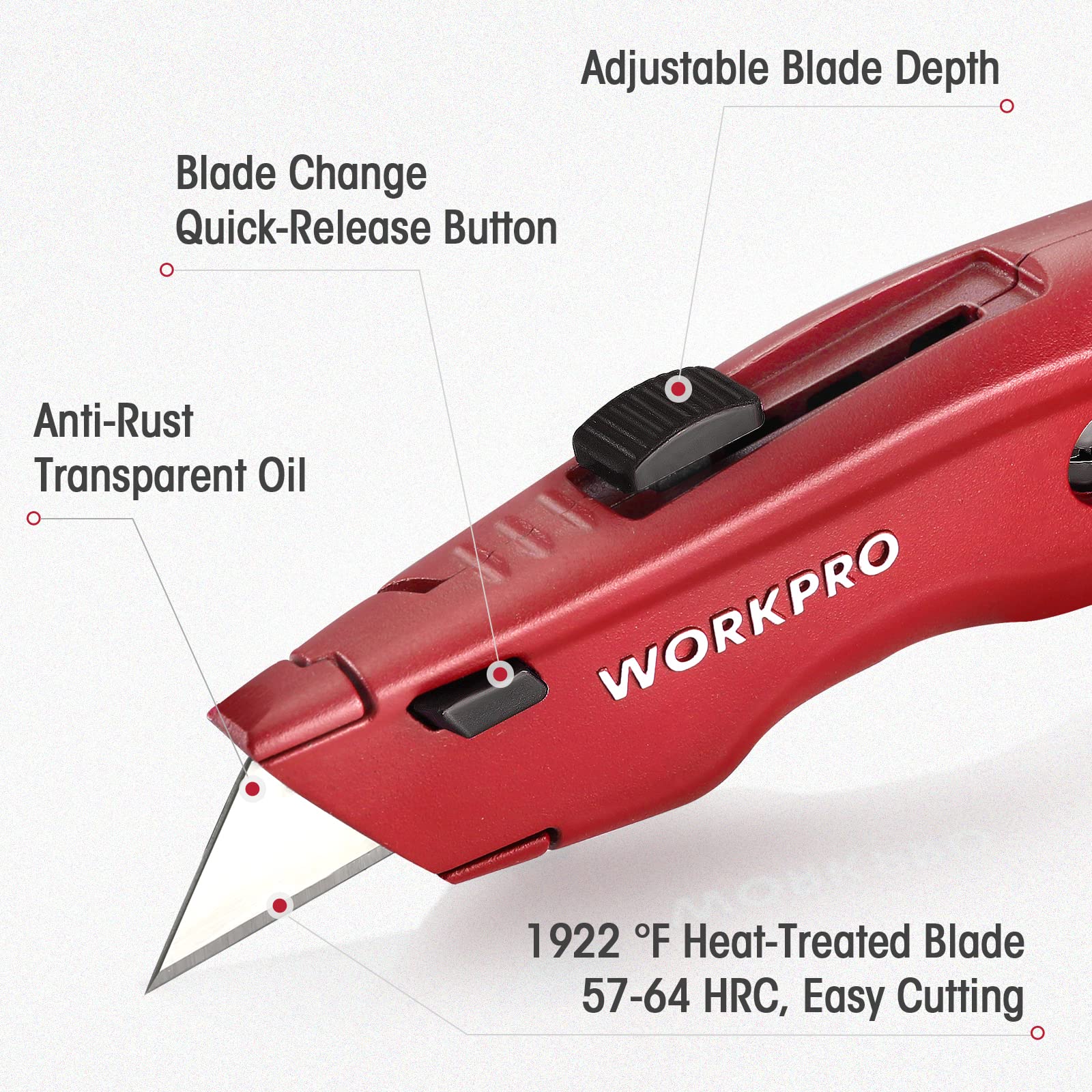 WORKPRO Premium Utility Knife – retractable-blade for safe storage and exact cuts.
