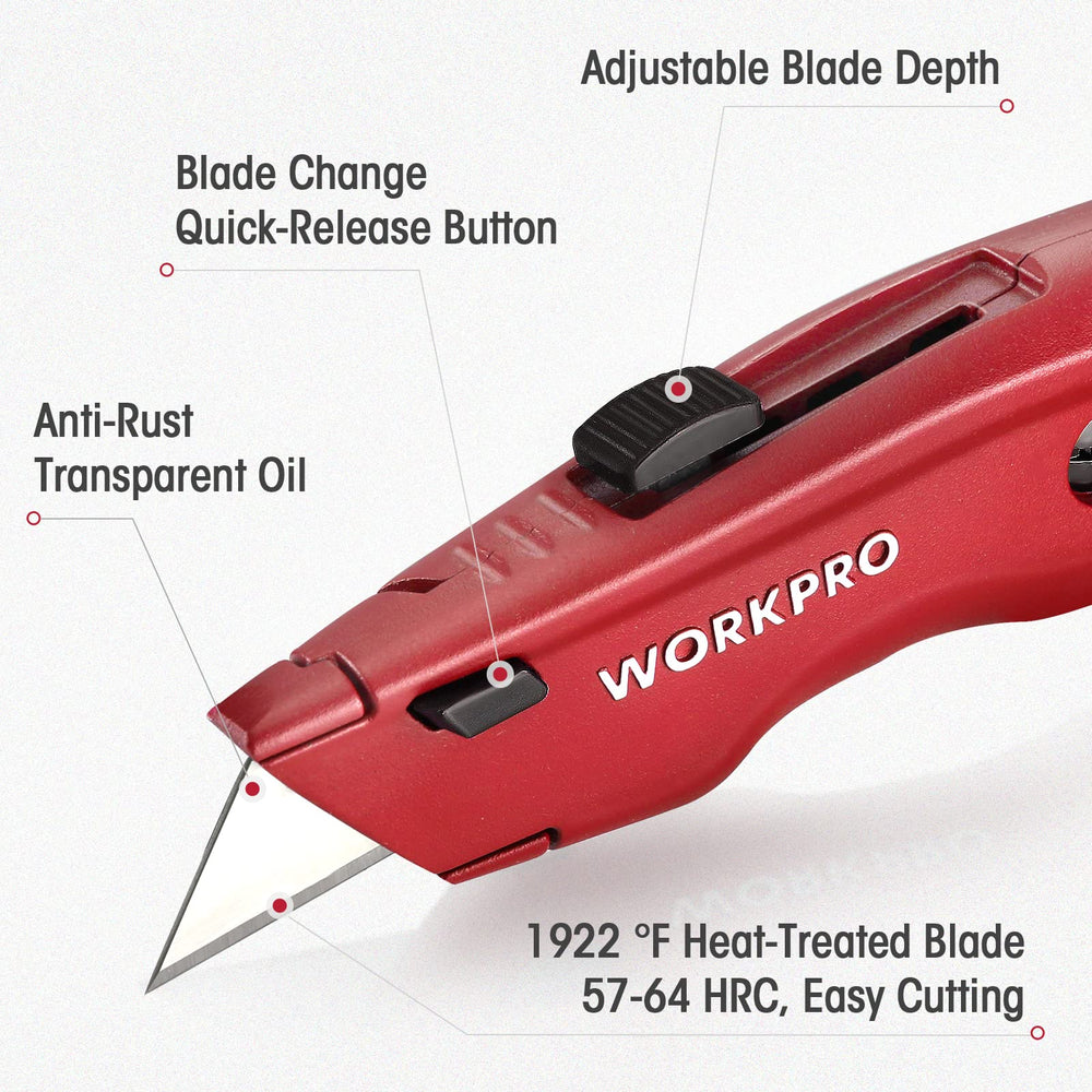 WORKPRO Premium Utility Knife – retractable-blade for safe storage and exact cuts.