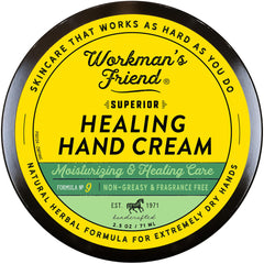 WORKMAN'S FRIEND healing hand cream jar showing a thick, nourishing texture for dry hands.