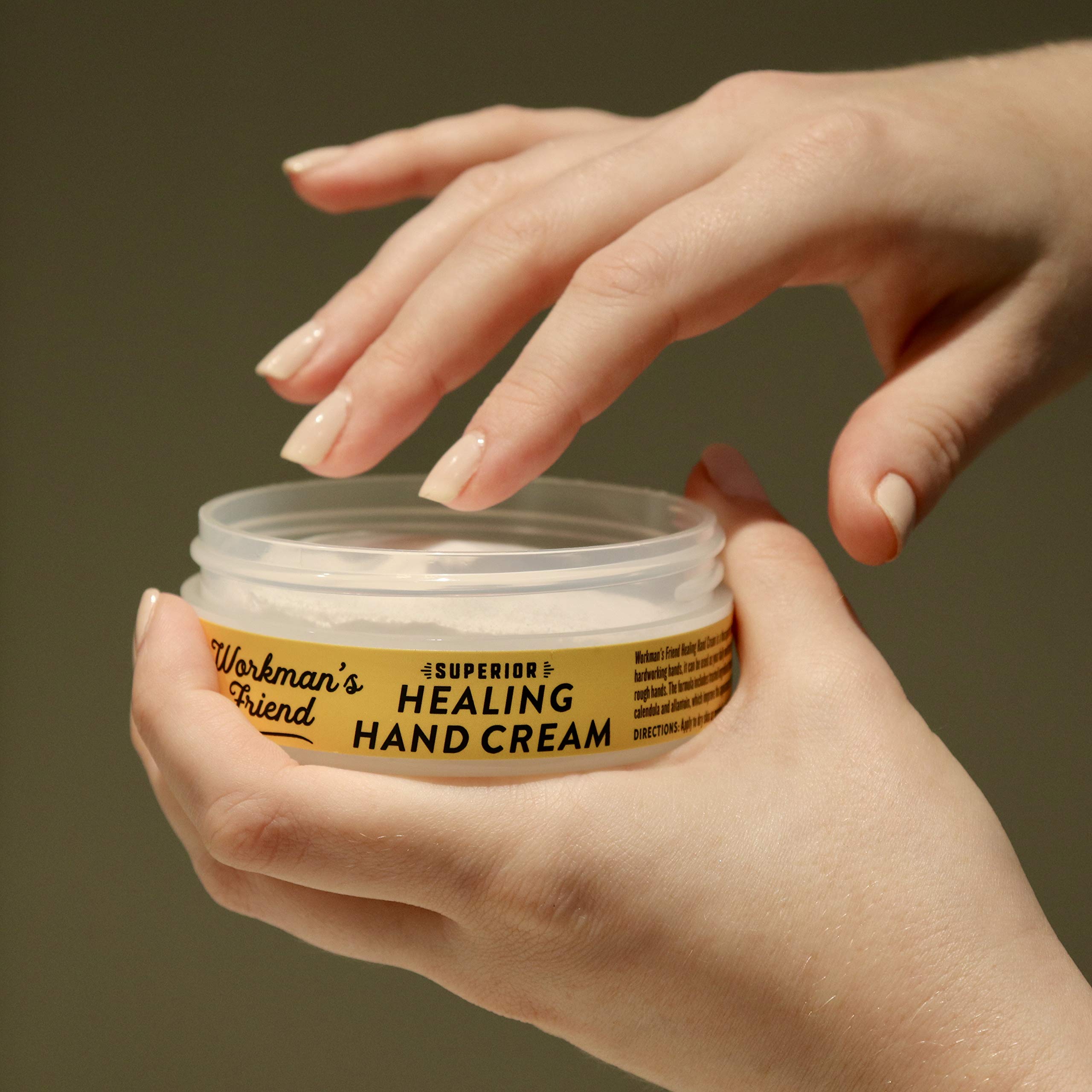 WORKMAN'S FRIEND application close-up demonstrates rich, non-greasy hydration for irritated skin.