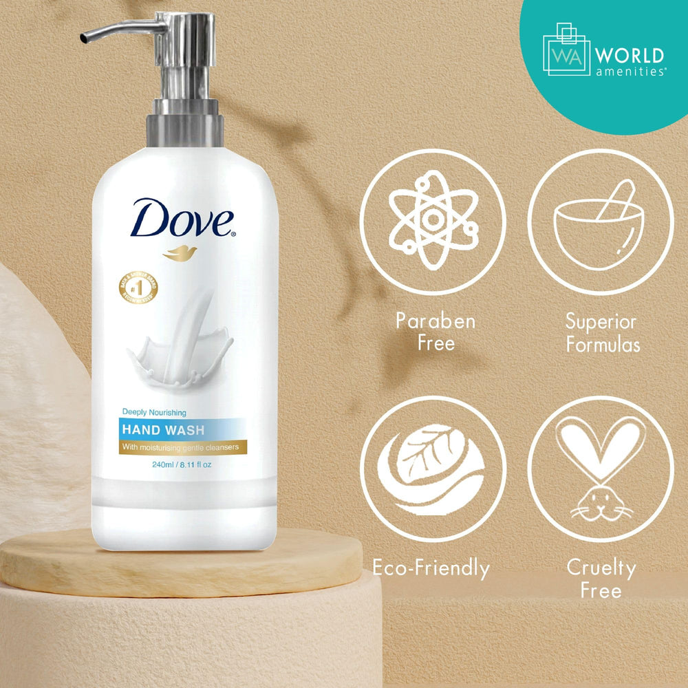 World Amenities Dove Hand Wash moisturizing-lather for soft, comfortable hands after every wash.