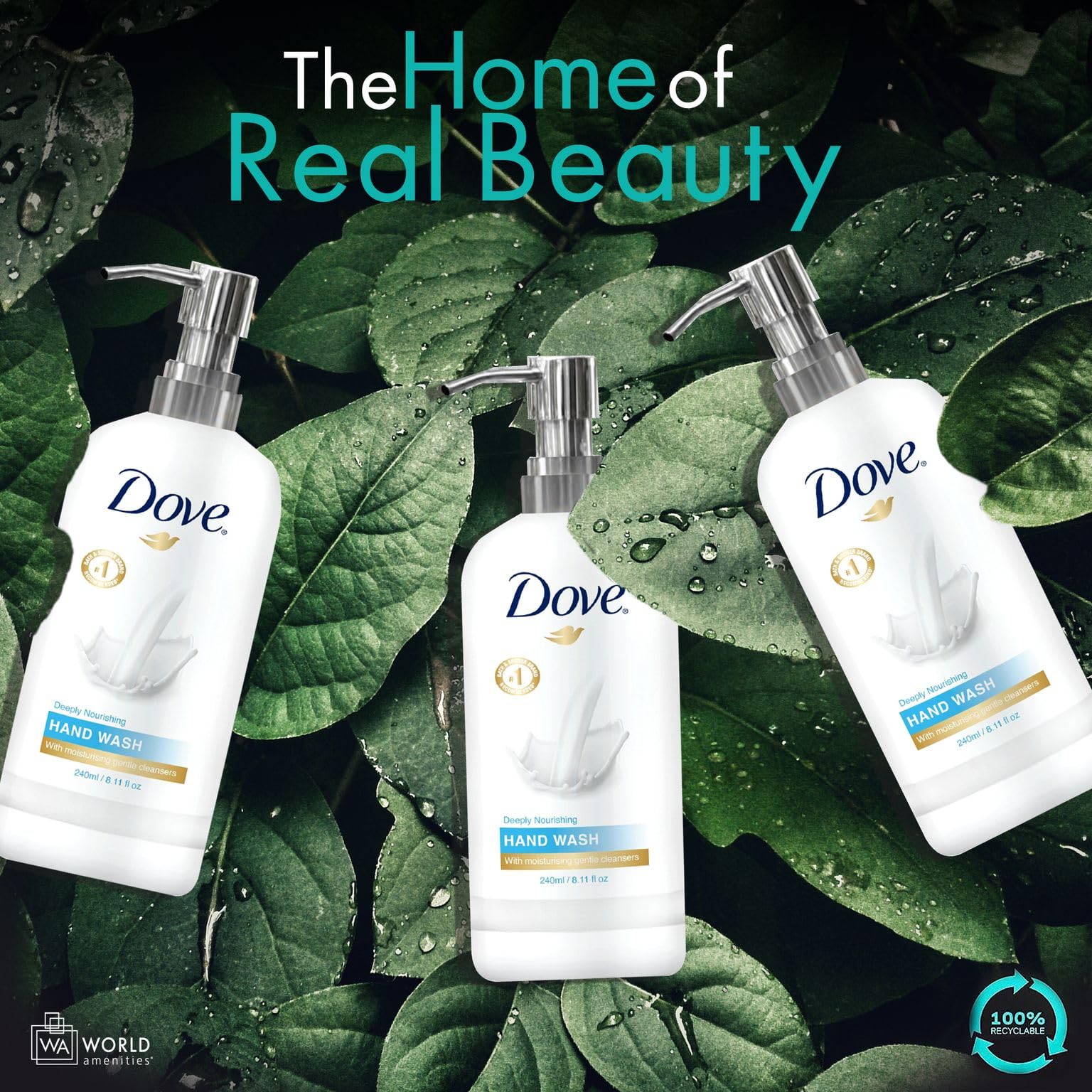 World Amenities Dove Hand Wash sensitive-skin-friendly formula protects delicate skin during daily use.